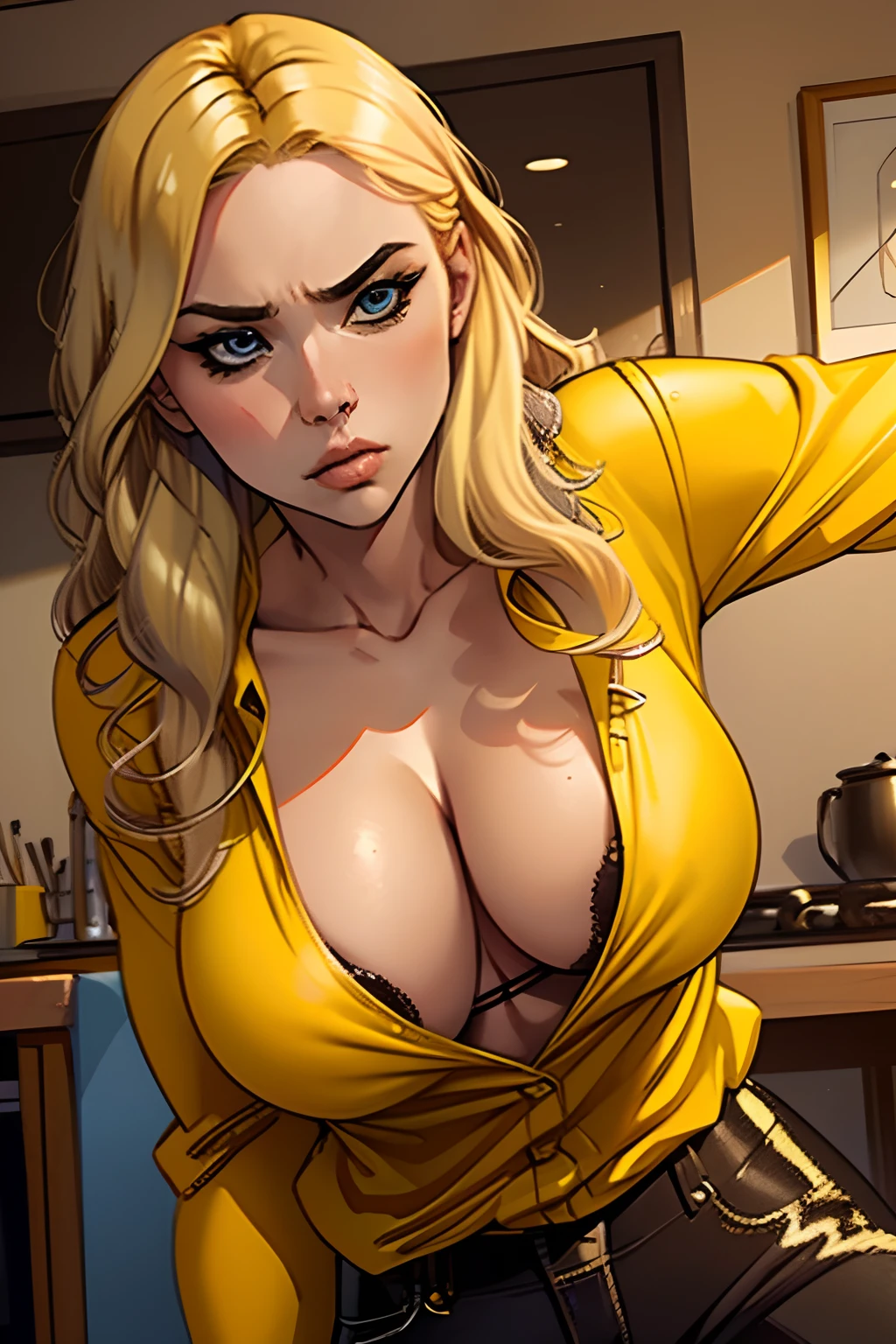 young woman in her 20s, blonde, blue eyes, wavy, straight blonde hair, serious features, serious face, eyeliner, beautiful, yellow blouse, cleavage, black leather pants, realistic scene, artist Eiji Yoshikawa, sideways face, black pants, yellow blouse, nervous