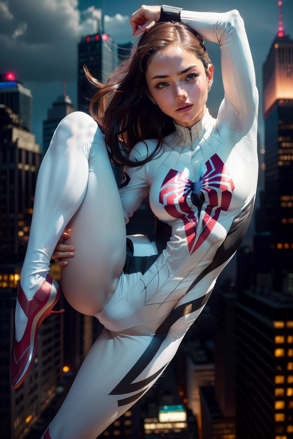 Female Spider-Man Gwen，White suit，Black spider symbol，Ballet Shoes，Golden ratio body, Flexible body，Calm expression，New York City at night，Handsome gestures，heroism，majestic appearance，Abs