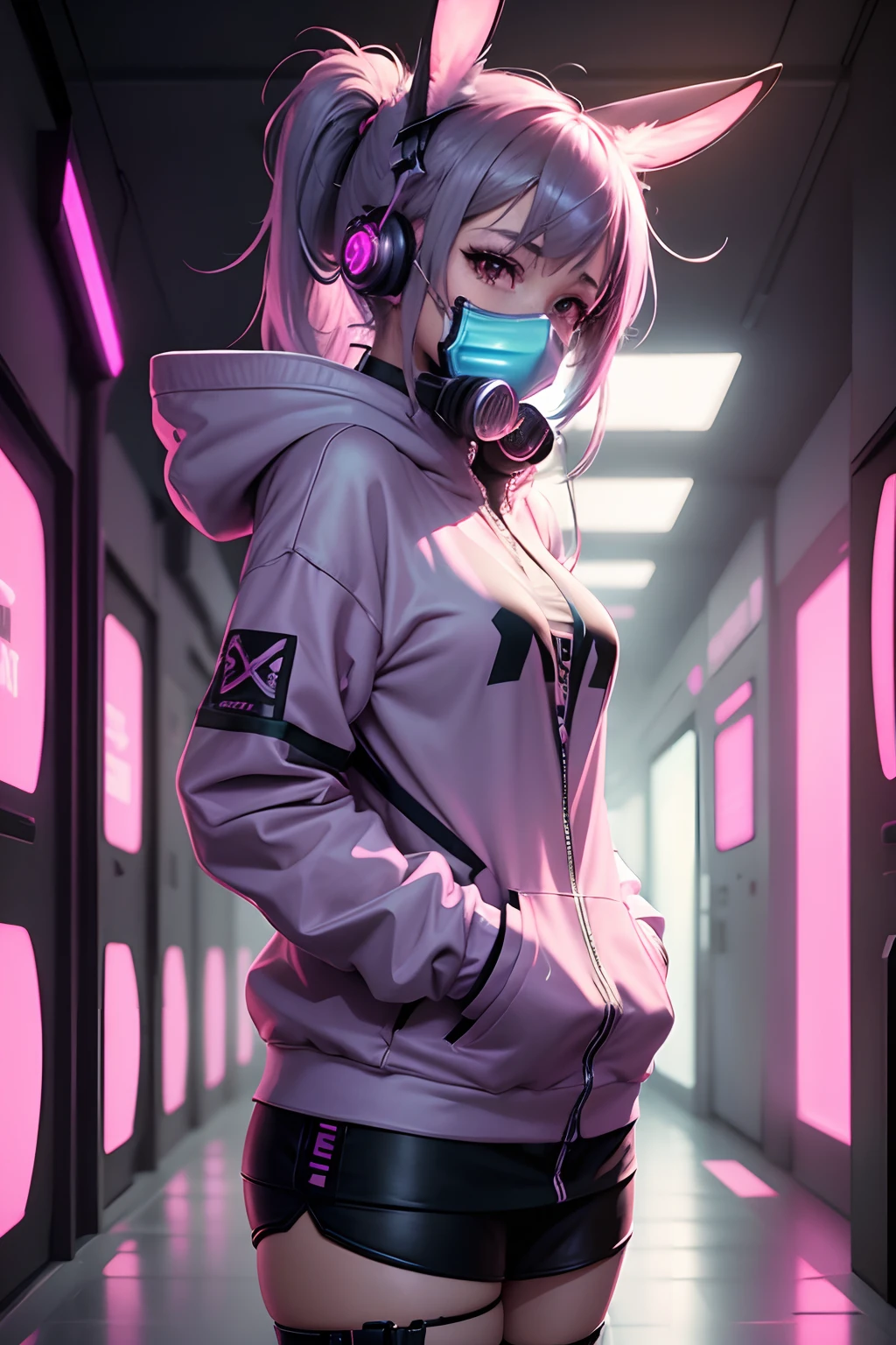 (Anime girl with headphones with rabbit ears and gas mask),Gray long ponytail hairstyle,There are pink-purple lights and blue lights on the body, Digital cyberpunk anime art, cyberpunk anime girl in hoodie, Best anime 4k konachan wallpaper, digitl cyberpunk - anime art, cyberpunk anime girl, anime cyberpunk art, E-Girl, e - girl, cyberpunk anime art, female cyberpunk anime girl, Anime cyberpunk moderno, Cyberpunk art style,