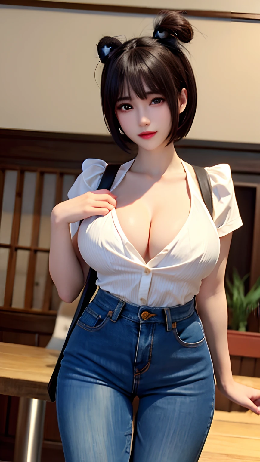 (hentail realism、A high resolution:1.3)、1 girl with a perfect figure、Super thin face and eyes、short detailed hair、vests:1 in random color.2、short jeans pants、in a cafe、coffee on table、Colossal tits、Exposed cleavage