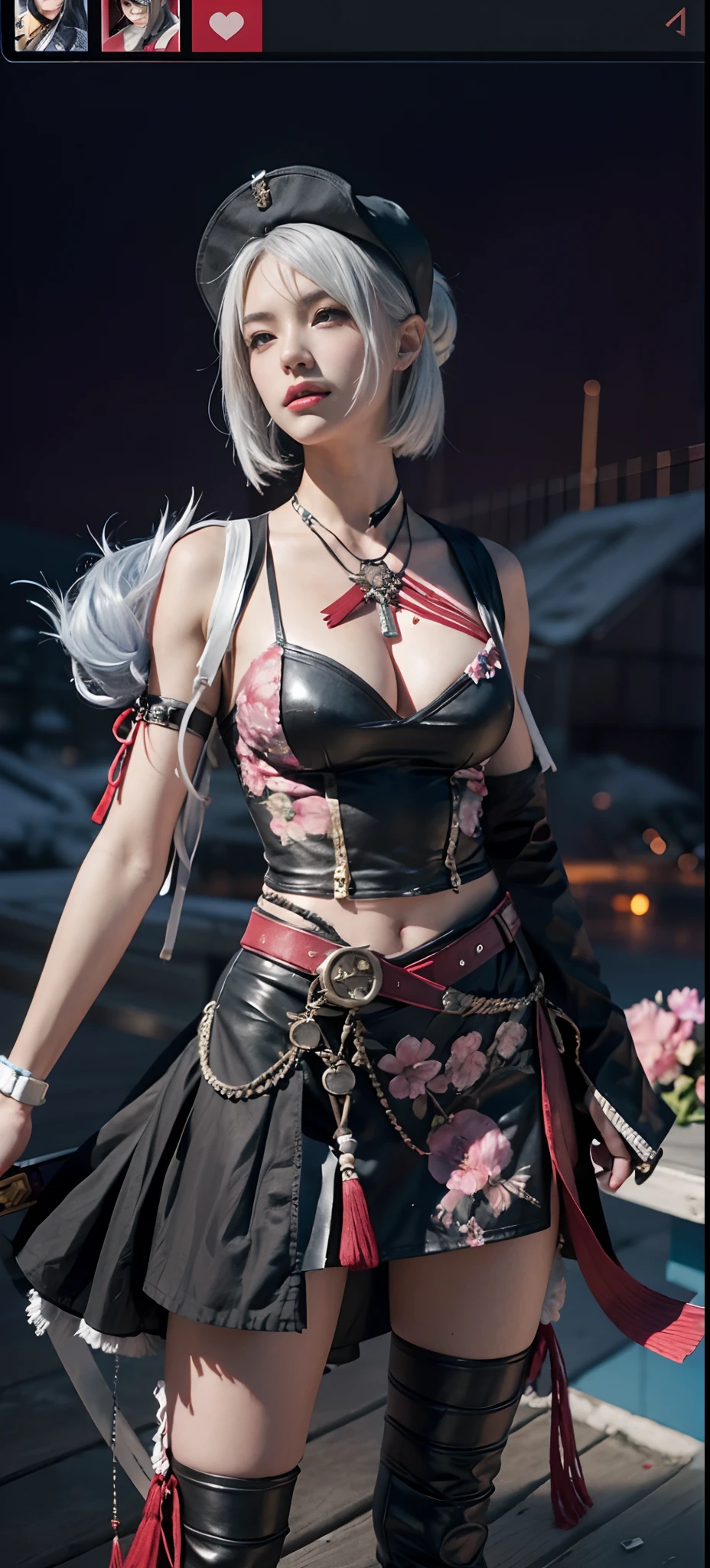 a close up of a person in a costume with a sword, as a character in tekken, female character, tifa lockhart with white hair, katana zero video game character, lunar themed attire, kda, slim body, cyborg - girl with silver hair, upper body avatar, (( medium breast;1.2)), fashion gameplay screenshot, fighting game character, new character, floralpunk elysian maiden, sigma female
