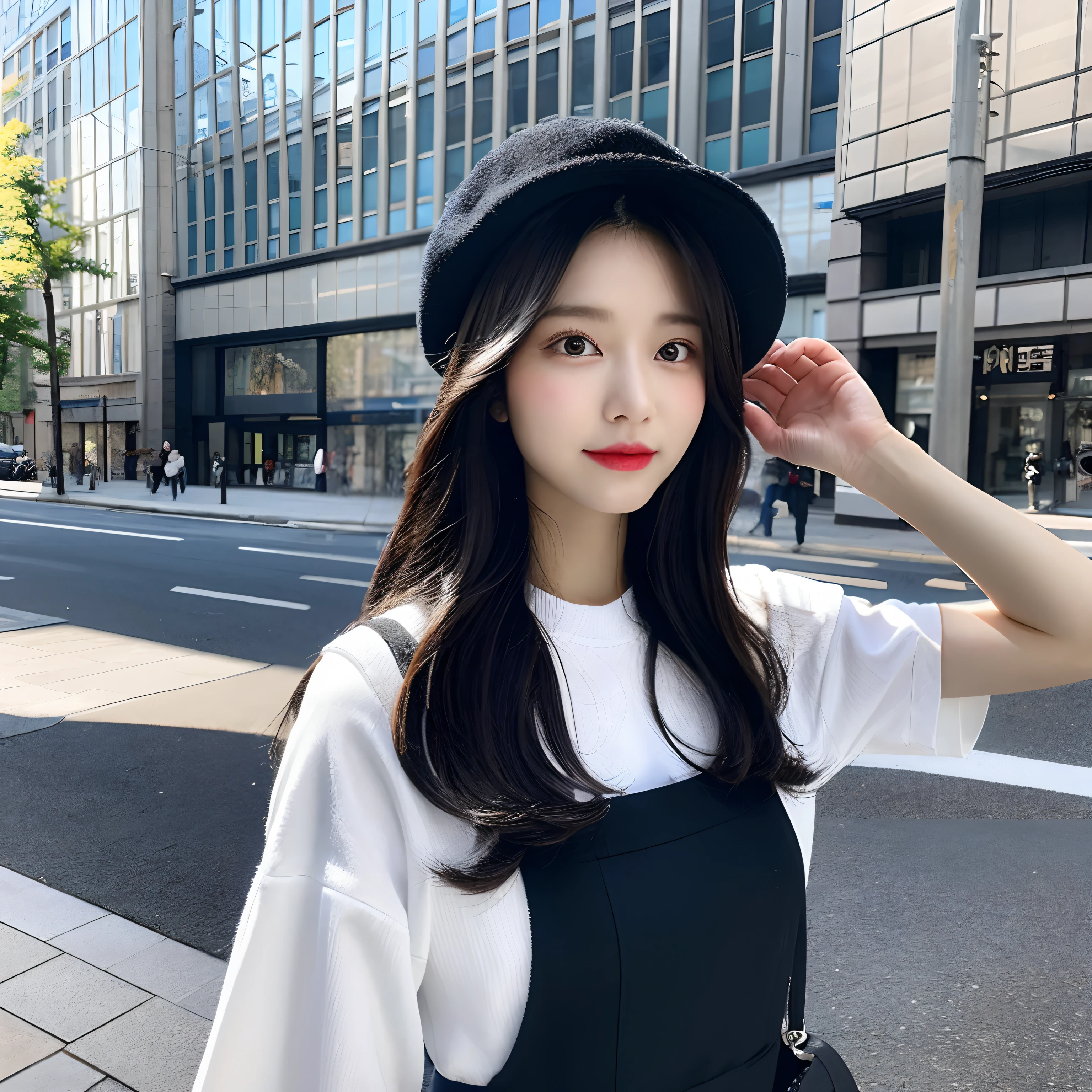 One girl walking in the city、posterior view、White tops、Dark blue pants、Hats、head phone、Long black hair fluttering in the wind、