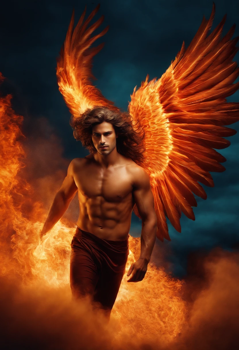 Greek Icarus with fire and hair like smoke. Make his skin like ember and have a suit on that is burned away.