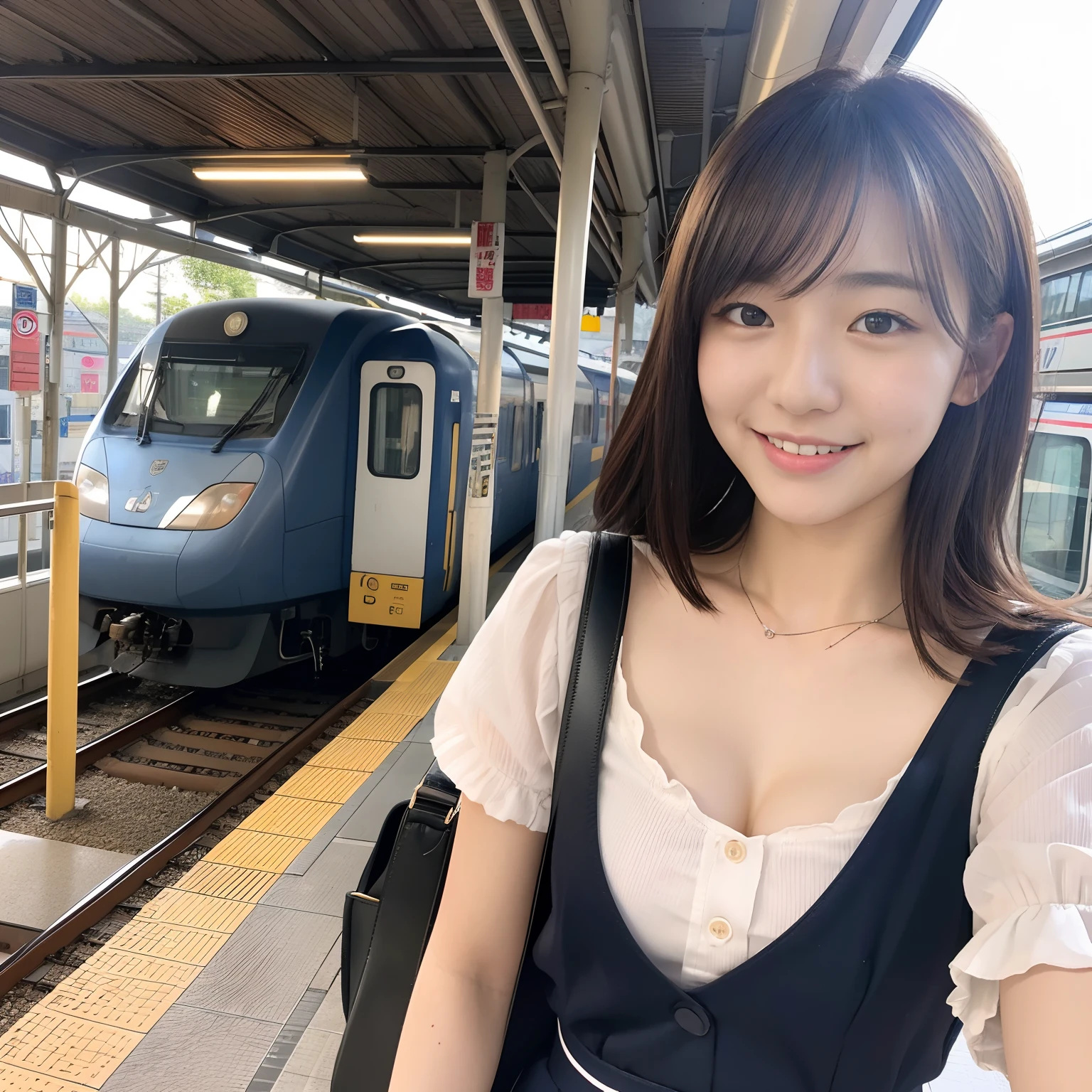 (Best Quality), (Raw photo), (Beautiful  Japan girl), (flat chest), (masutepiece), (hitornfreckles:0.6), Cute lips, Dynamic lighting, shame, beautiful thigh, ssmile、Medium Hair、 flat bangs, At the train station, Blouse、High-waisted skirt、 Student Bag、（close up),