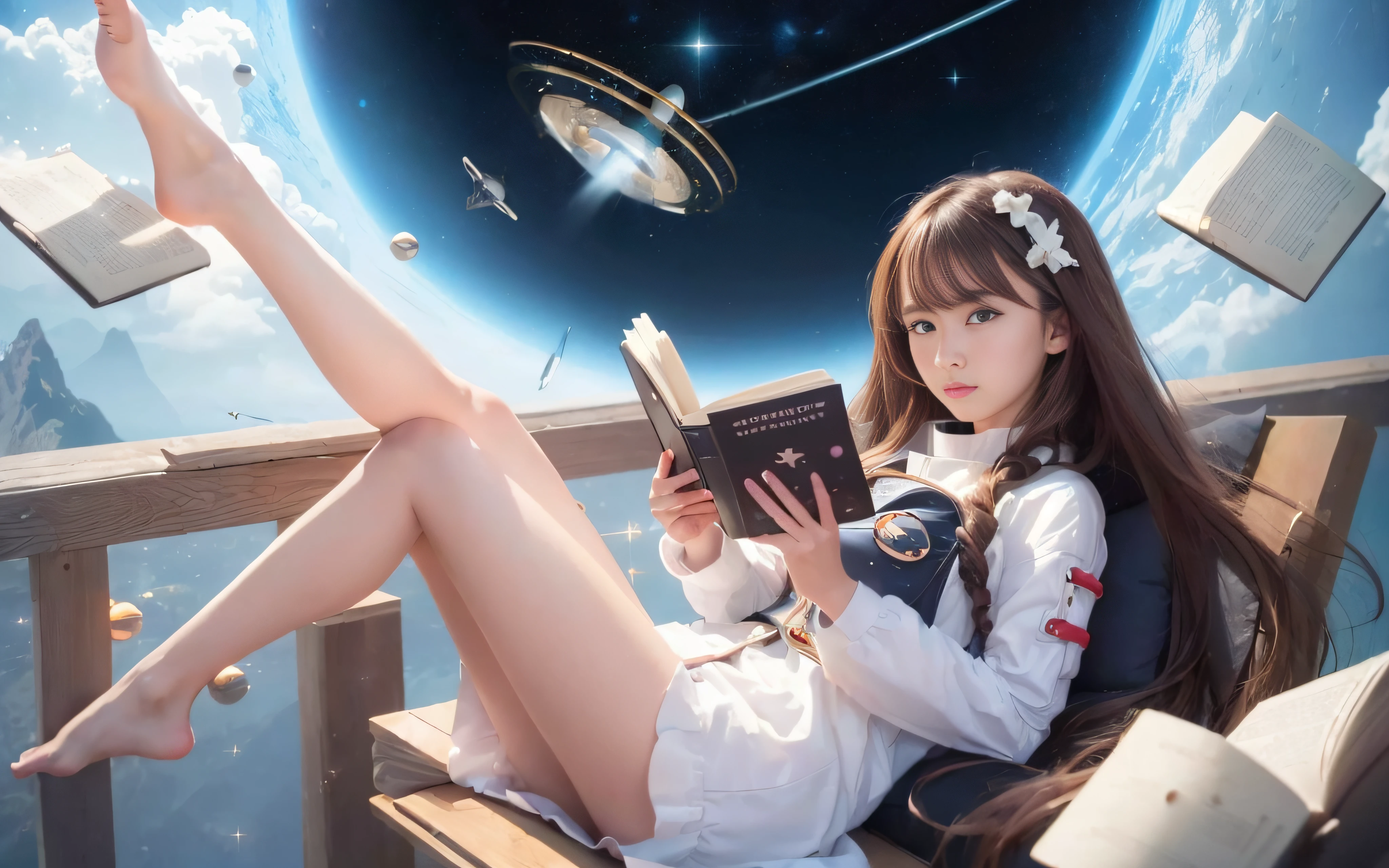 RAW image quality、8K分辨率、Ultra-detailed CG footage、((top-quality)), (masterpiece)), (detaileds: 1.4), 。.。.。.。.。.。.。.3D, Absurd resolution、hight resolution、(masterpiece:1.4)、ultra-detailliert、1 beautiful girl、Images of women in the near future, Shiny brown hair, Beautiful brown eyes, (Reading a book:1.4), (100 floating books:1.4), beautiful countenance, 、(kosmos:1.4)、(Planktonic:1.4), (weightless:1.4)、Colossal tits、space suits、(Changing clothes), (PINK Underwear), (spaceships:1.4)、control、window、mirai、Dynamic Poses、full body Esbian、Change of clothes
