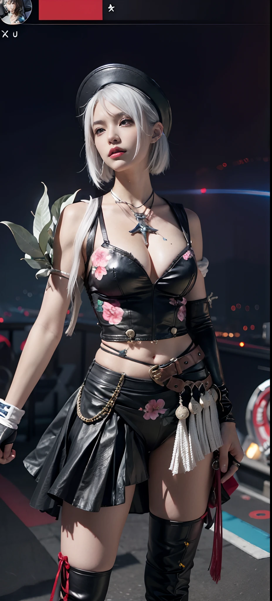 a close up of a person in a costume with a sword, as a character in tekken, female character, tifa lockhart with white hair, katana zero video game character, lunar themed attire, kda, slim body, cyborg - girl with silver hair, upper body avatar, (( medium breast;1.2)), fashion gameplay screenshot, fighting game character, new character, floralpunk elysian maiden, sigma female