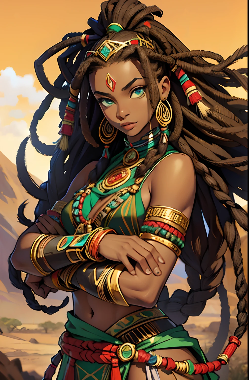 African Woman. African Hair. Dread Hair. Green Eyes. Tribal Acessories. Tribal Fighting Clothes. Golden Details