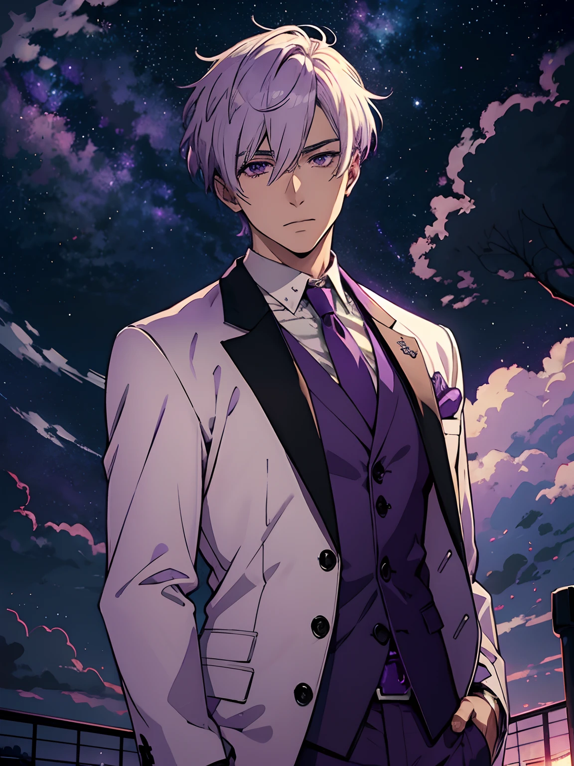 Adult Man Blonde, Purple Sky, ighly detailed, Purple clouds, white color hair, Purple Sky, purpleish color, Jackets and formal wear, stele, stars on sky,Anime style