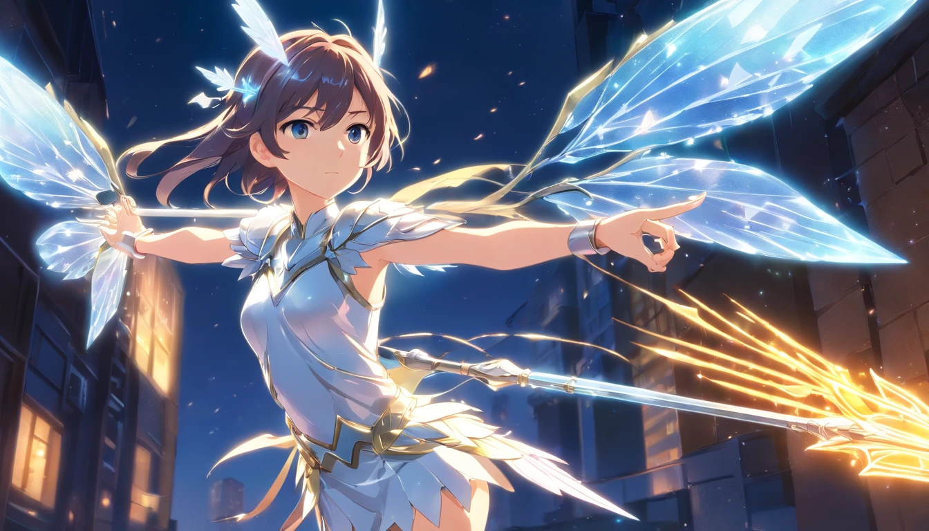 A female fairy wearing blindfold eye with silver crystal wings wearing gleaming white armor wielded a luminous spear that emanates a lot of darkness and a strong shield that the hardest rock poses while radiate a negative horror aura around her