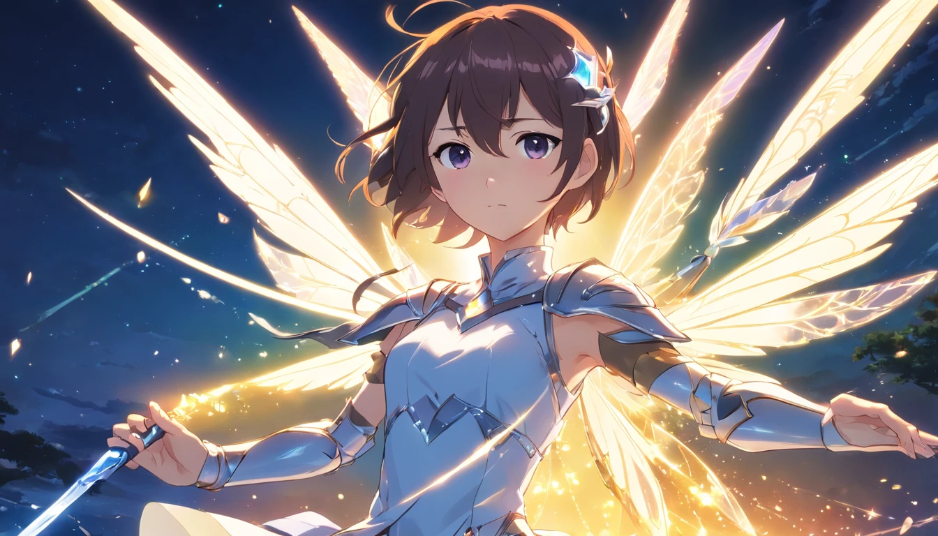 A female fairy wearing blindfold eye with silver crystal wings wearing gleaming white armor wielded a luminous spear that emanates a lot of darkness and a strong shield that the hardest rock poses while radiate a negative horror aura around her