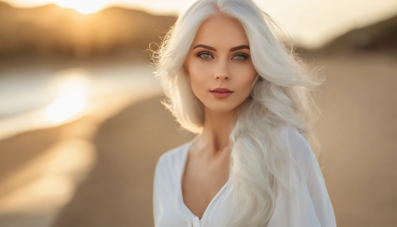 White sheer short tank top dress girl, Sexy girl with green eyes, Portrait of Sophie Mudd, (Big Eyes:1.2 ), (Subtle turquoise eyes), (Voluminous white hair: 1.8), (white hair), (large eyes), (white hair), (large eyes), (white hair), (large eyes), Selfie of a young woman, without makeup, natural makeup, Straight Looking at the Camera, Faces with artgrams, Subtle makeup, Amazing full-body shots, Pierced green eyes, Beautiful angles, attractive pose, Cute Girl, Sexy Pose, full body photograph, s whole body, full body shooting, Brunette Goddess, High Detail, Satisfying pose, seaside, waves, Sunny weather, shining sun, (Hair blowing in the breeze)