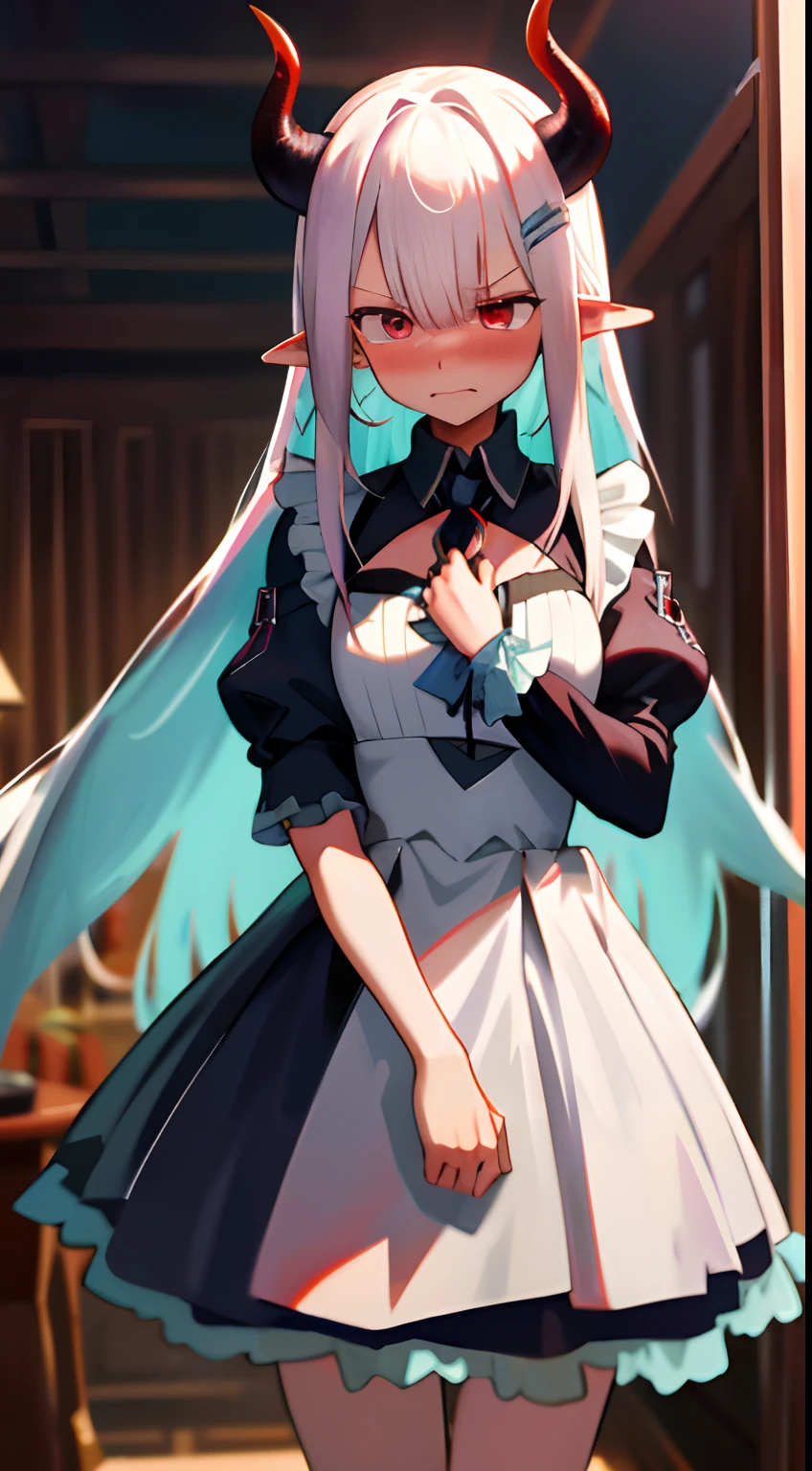 One girl with long hair, white hair, looking away, cowboy shot, embarrassed, blushing, mouth small open, indoor, thigh, pointy ears, maid dress, demon wings, demon king, demon horn, medium breast, covering chest