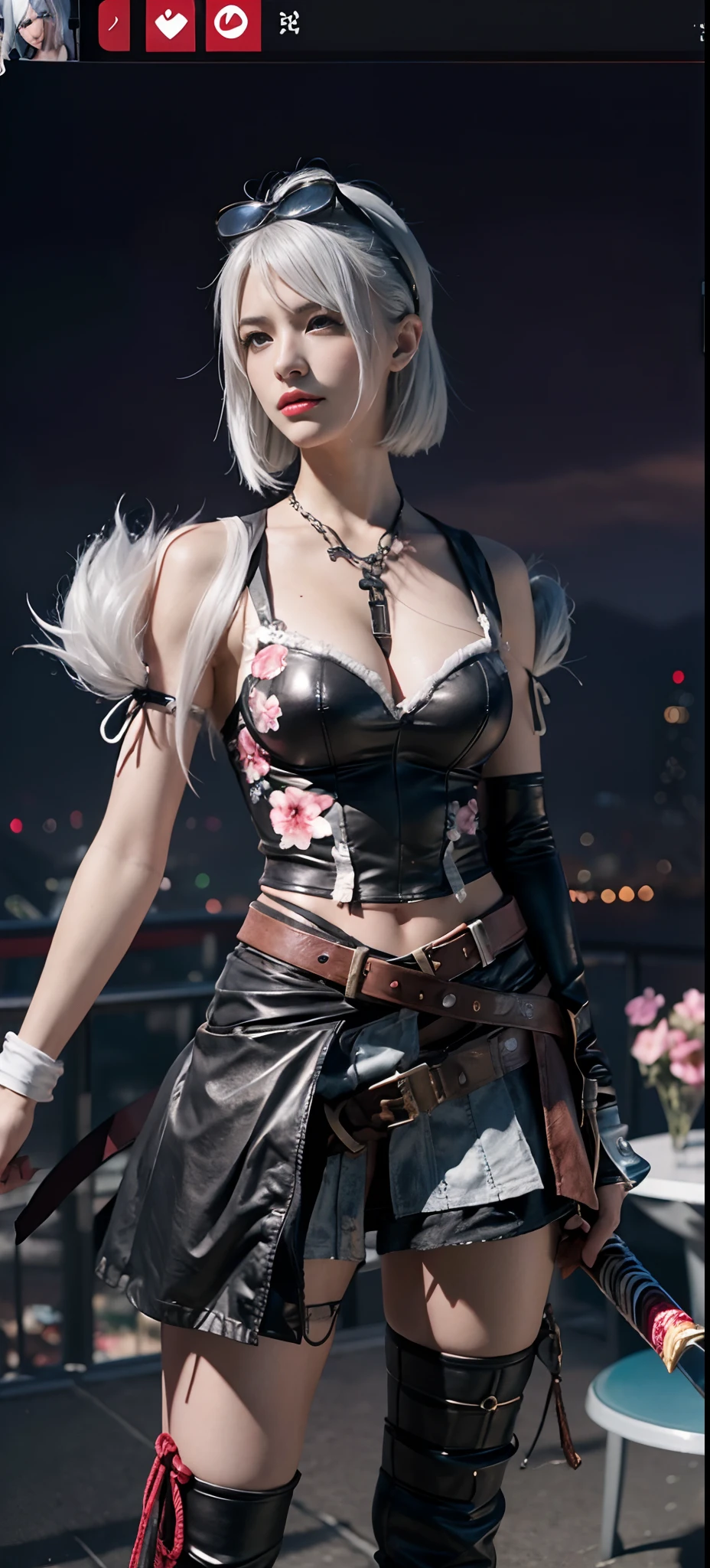 a close up of a person in a costume with a sword, as a character in tekken, female character, tifa lockhart with white hair, katana zero video game character, lunar themed attire, kda, slim body, cyborg - girl with silver hair, upper body avatar, (( medium ;1.2)), fashion gameplay screenshot, fighting game character, new character, floralpunk elysian maiden, sigma female