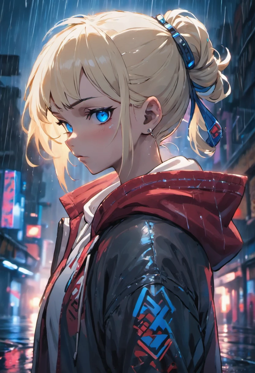 Closeup photograph, confident young cyberpunk woman with blonde and white hair in a bun, wearing a hoodie with red and blue designs on it, in a rain soaked street at ,White hair, blue eyes,night, photorealistic, cinematic lighting