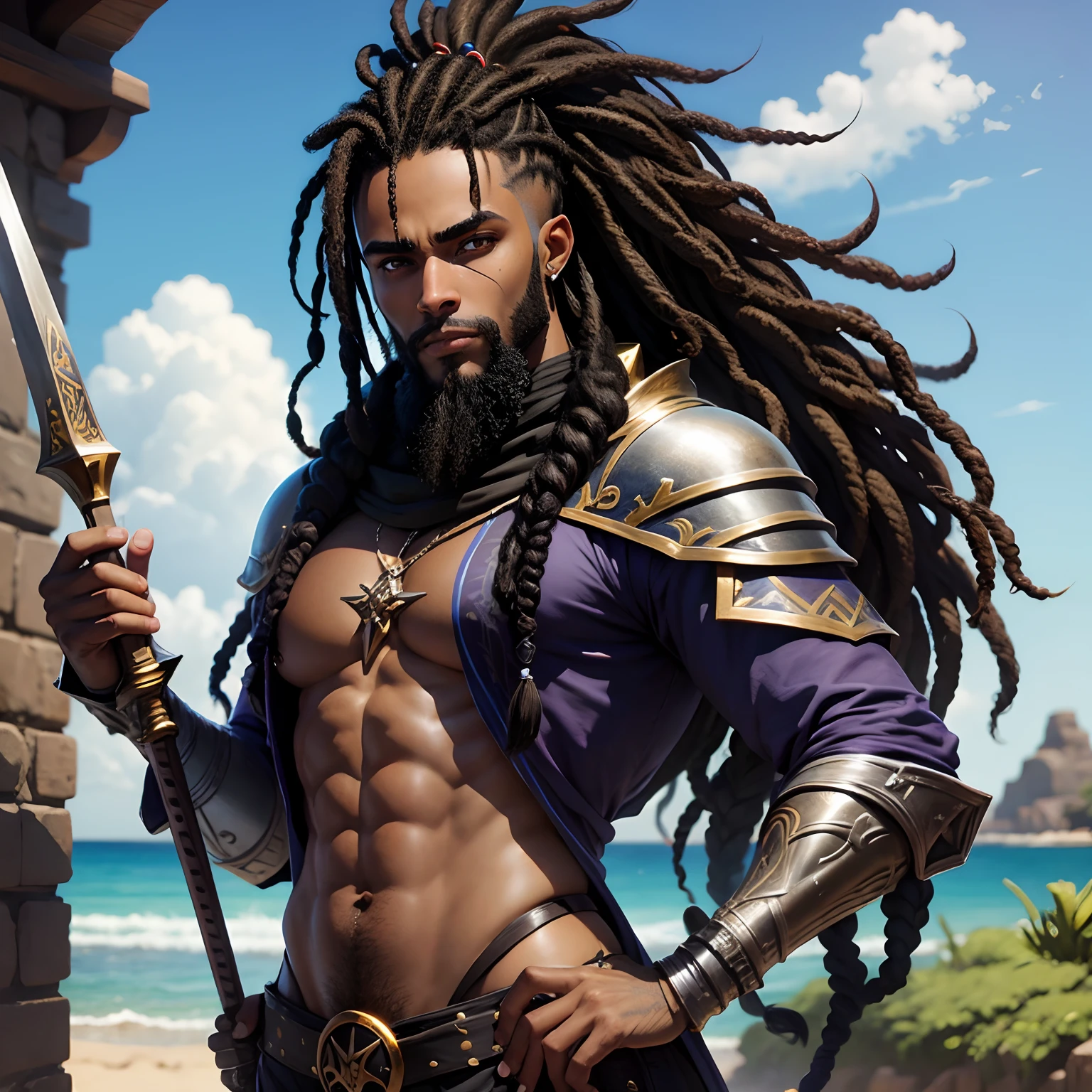 Paladino de RPG pele negra cabelo dreads e barba anime
