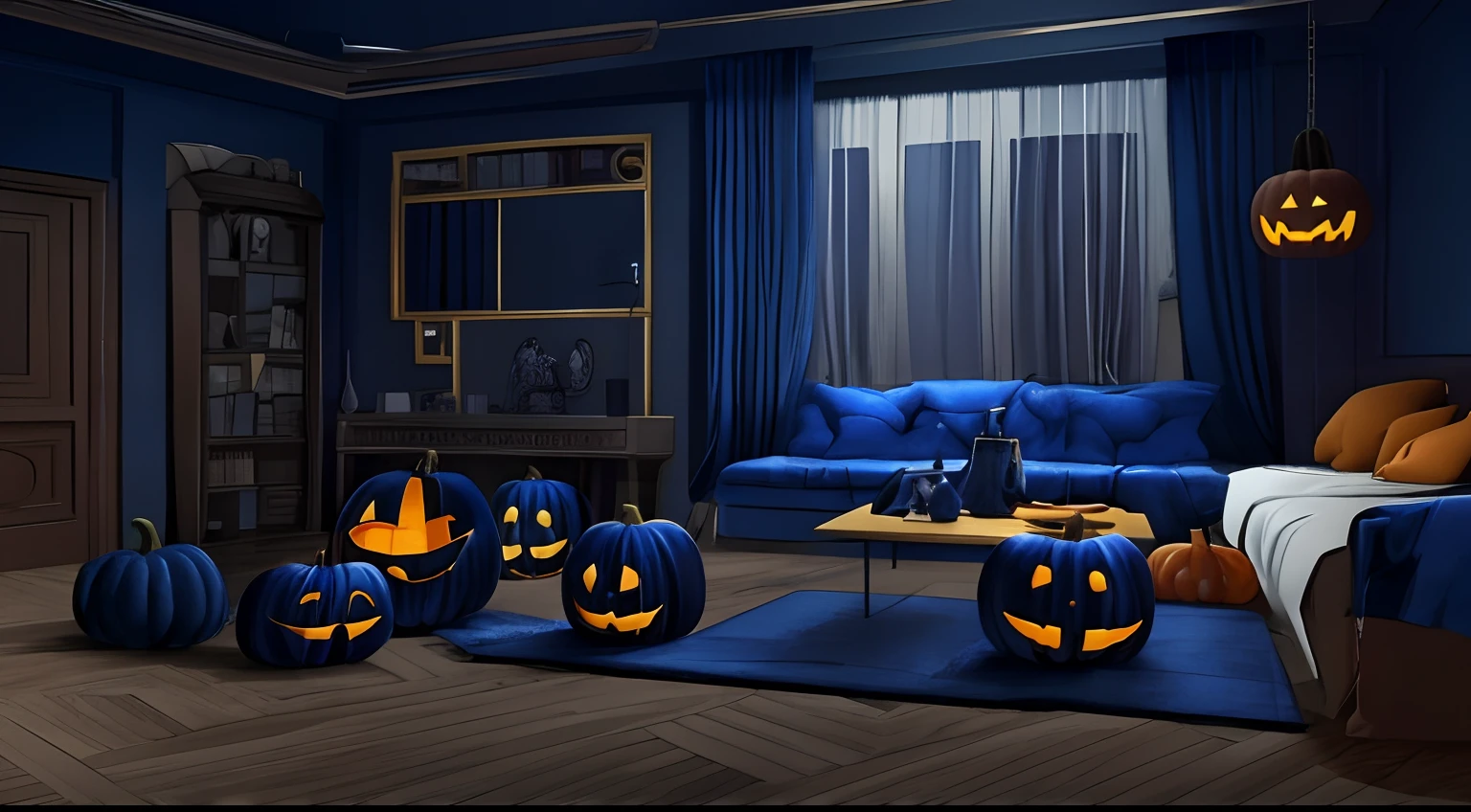 Background of a room, full blue-black tones, the floor takes up 1/3 of the frame, panorama view, viewed in width. Halloween style, 2D cartoon, Few details.