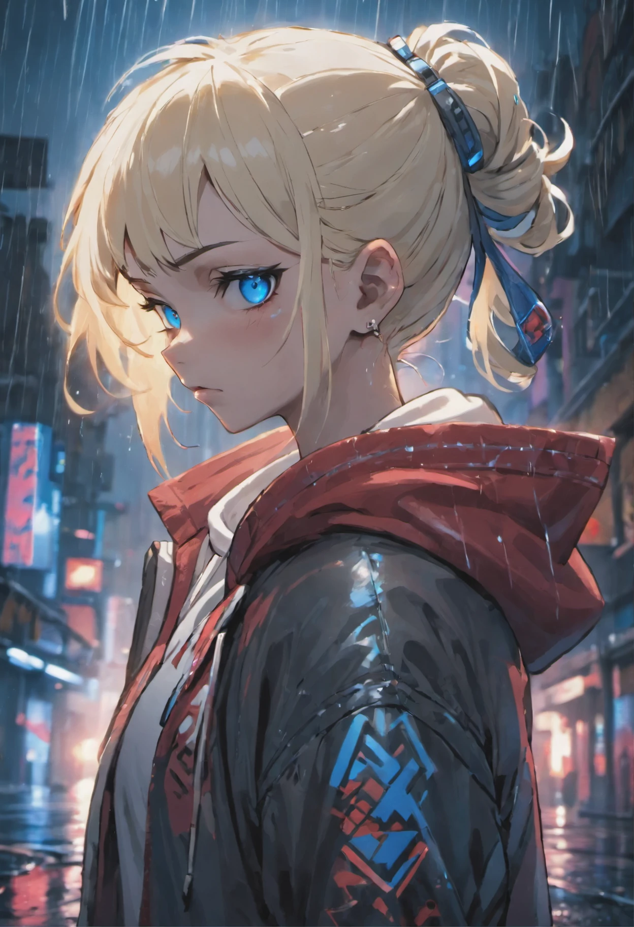 Closeup photograph, confident young cyberpunk woman with blonde and white hair in a bun, wearing a hoodie with red and blue designs on it, in a rain soaked street at ,White hair, blue eyes,night, photorealistic, cinematic lighting