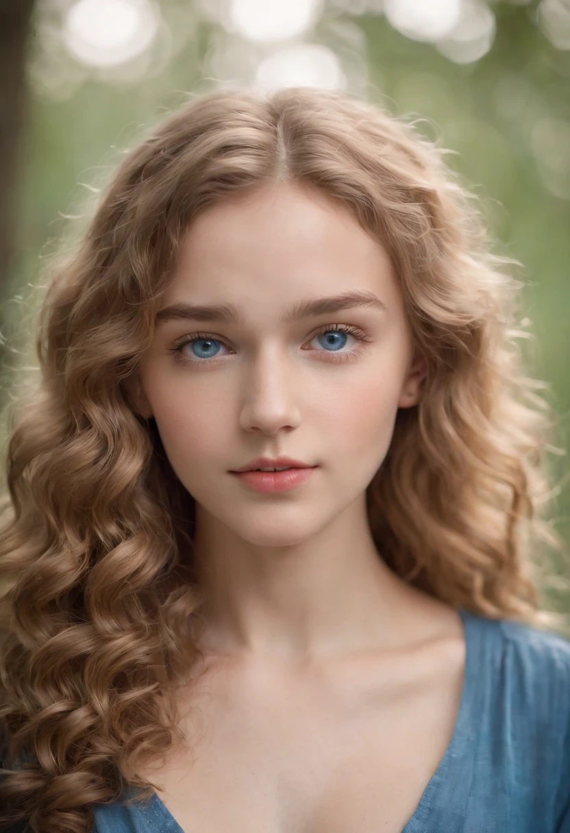 "Full body portrait of a charming 18 year old women with curly light hair, petite figure, beautiful face, captivating blue eyes, and modest bust size, showcasing her natural beauty."