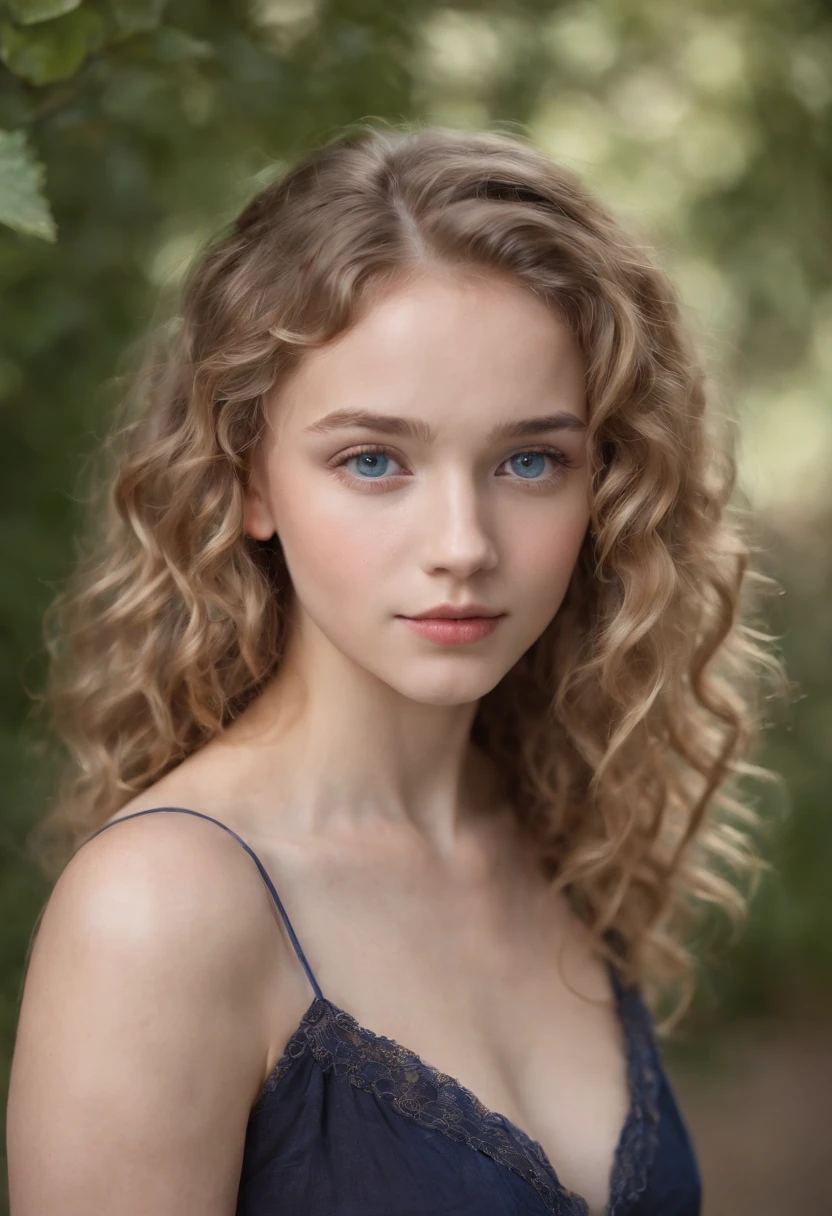 "Full body portrait of a charming 18 year old women with curly light hair, petite figure, beautiful face, captivating blue eyes, and modest bust size, showcasing her natural beauty."