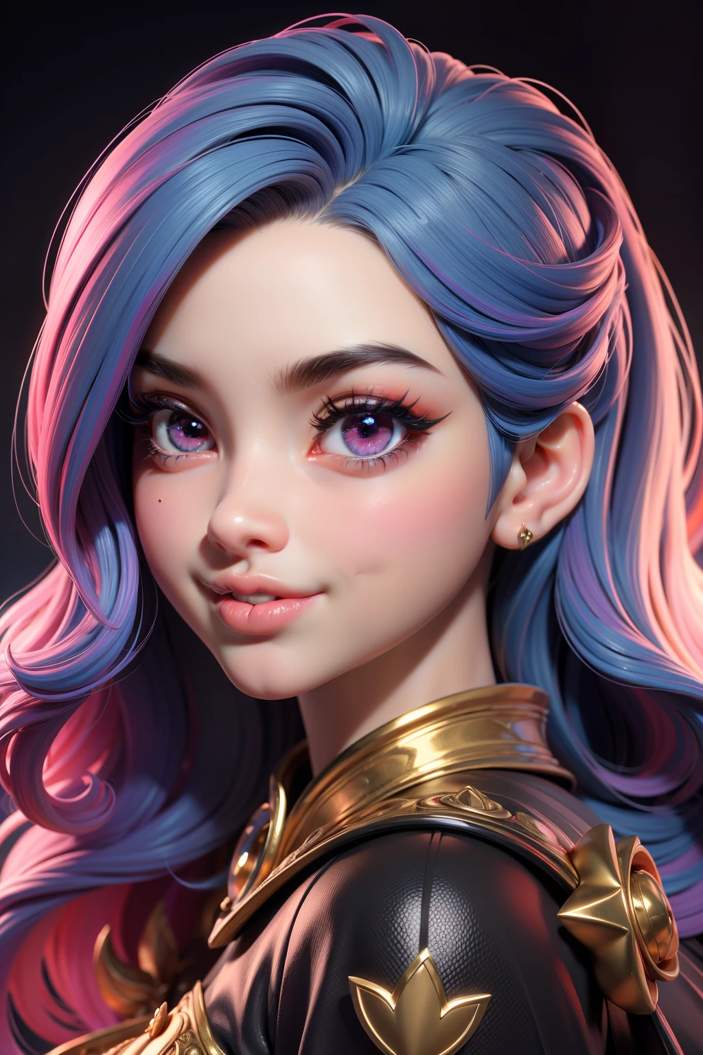 Masterpiece, Best quality, Masterpiece, Godlike quality, Godlike art, Highly detailed face, Highly realistic, Cute, young girl, Smiling, Big eyes, Long eyelashes, multicolored hair, Multicolored eyes, Shiny skin, full pouty lips, large lips, Shiny skin, Blushing, Magnificent view
