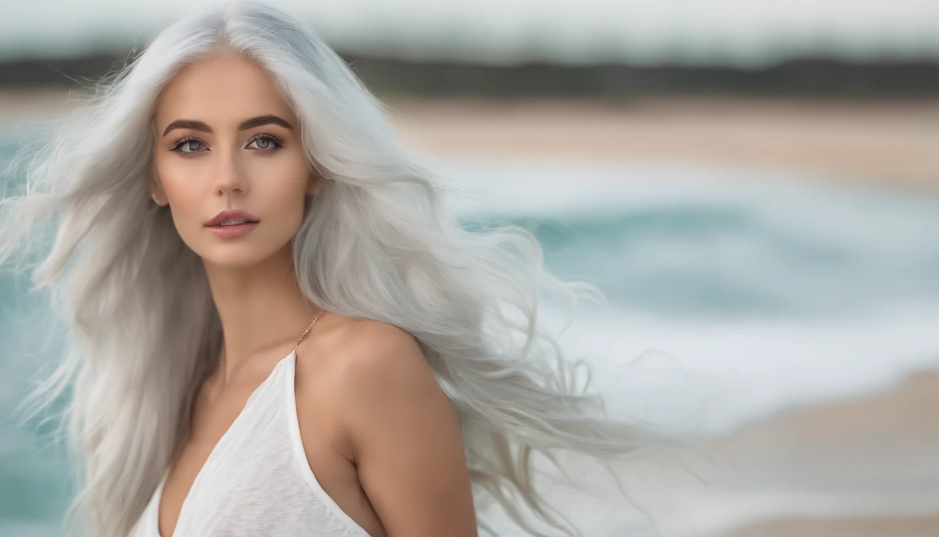 White sheer short tank top dress girl, Sexy girl with green eyes, Portrait of Sophie Mudd, (Big Eyes:1.2 ), (Subtle turquoise eyes), (Voluminous white hair: 1.8), (white hair), (large eyes), (white hair), (large eyes), (white hair), (large eyes), Selfie of a young woman, without makeup, natural makeup, Straight Looking at the Camera, Faces with artgrams, Subtle makeup, Amazing full-body shots, Pierced green eyes, Beautiful angles, attractive pose, Cute Girl, Sexy Pose, full body photograph, s whole body, full body shooting, Brunette Goddess, High Detail, Satisfying pose, seaside, waves, Sunny weather, shining sun, (Hair blowing in the breeze), Sunny weather, shining sun, (Hair blowing in the breeze), (Hair blowing in the breeze)