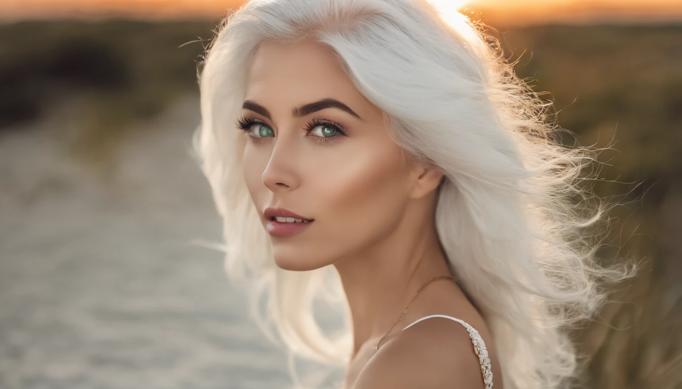 White sheer short tank top dress girl, Sexy girl with green eyes, Portrait of Sophie Mudd, (Big Eyes:1.2 ), (Subtle turquoise eyes), (Voluminous white hair: 1.8), (white hair), (large eyes), (white hair), (large eyes), (white hair), (large eyes), Selfie of a young woman, without makeup, natural makeup, Straight Looking at the Camera, Faces with artgrams, Subtle makeup, Amazing full-body shots, Pierced green eyes, Beautiful angles, attractive pose, Cute Girl, Sexy Pose, full body photograph, s whole body, full body shooting, Brunette Goddess, High Detail, Satisfying pose, seaside, waves, Sunny weather, shining sun, (Hair blowing in the breeze), Sunny weather, shining sun, (Hair blowing in the breeze), (Hair blowing in the breeze)