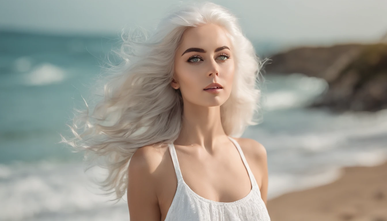 White sheer short tank top dress girl, Sexy girl with green eyes, Portrait of Sophie Mudd, (Big Eyes:1.2 ), (Subtle turquoise eyes), (Voluminous white hair: 1.8), (white hair), (large eyes), (white hair), (large eyes), (white hair), (large eyes), Selfie of a young woman, without makeup, natural makeup, Straight Looking at the Camera, Faces with artgrams, Subtle makeup, Amazing full-body shots, Pierced green eyes, Beautiful angles, attractive pose, Cute Girl, Sexy Pose, full body photograph, s whole body, full body shooting, Brunette Goddess, High Detail, Satisfying pose, seaside, waves, Sunny weather, shining sun, (Hair blowing in the breeze), Sunny weather, shining sun, (Hair blowing in the breeze), (Hair blowing in the breeze)