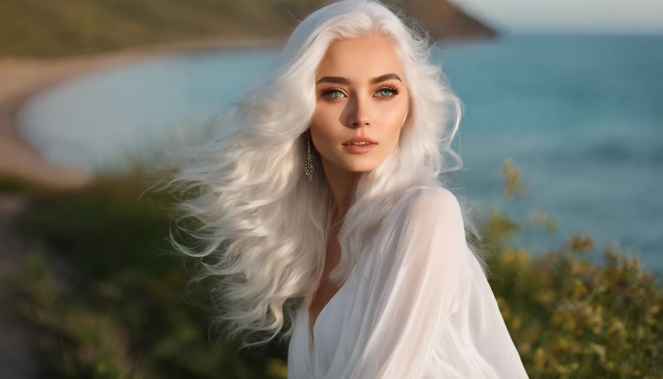 White sheer short tank top dress girl, Sexy girl with green eyes, Portrait of Sophie Mudd, (Big Eyes:1.2 ), (Subtle turquoise eyes), (Voluminous white hair: 1.8), (white hair), (large eyes), (white hair), (large eyes), (white hair), (large eyes), Selfie of a young woman, without makeup, natural makeup, Straight Looking at the Camera, Faces with artgrams, Subtle makeup, Amazing full-body shots, Pierced green eyes, Beautiful angles, attractive pose, Cute Girl, Sexy Pose, full body photograph, s whole body, full body shooting, Brunette Goddess, High Detail, Satisfying pose, seaside, waves, Sunny weather, shining sun, (Hair blowing in the breeze), Sunny weather, shining sun, (Hair blowing in the breeze), (Hair blowing in the breeze)