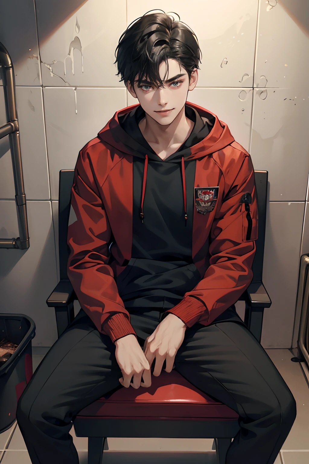 1 boy, Young male, Eyes looking at the camera, Perfect male body, (Red jacket, Black hoodie,Evil smile, black hair), Ray tracing,half body,jail cell, underground room,Sitting in a chair, dirty environment,(tmasterpiece, high resolution, ultra - detailed:1.0)