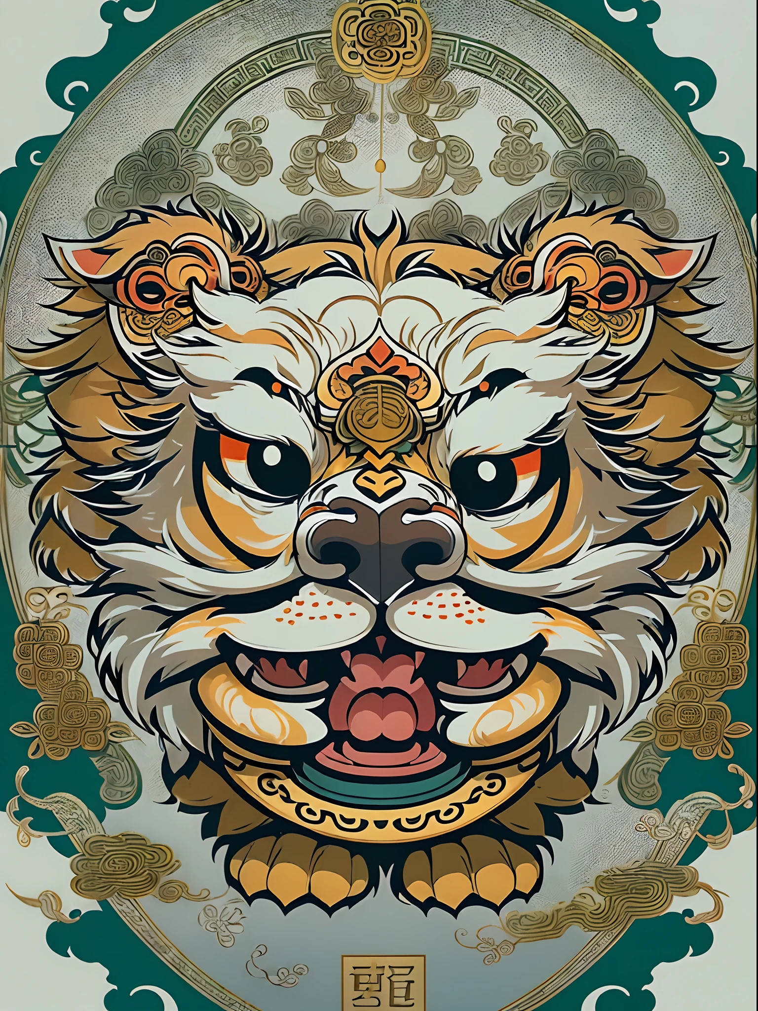 (White background:1.4),(Symmetrical:1.5),(cartoon cute lion dance, In the middle, Oriental elements),(China - chic illustration:1.2, Vector painting:1.2),(Chinese colors,senior color matching),( reasonable design, Clear lines, High sharpness,best quality, masterpiece, official art, movie lighting effects, 4K )