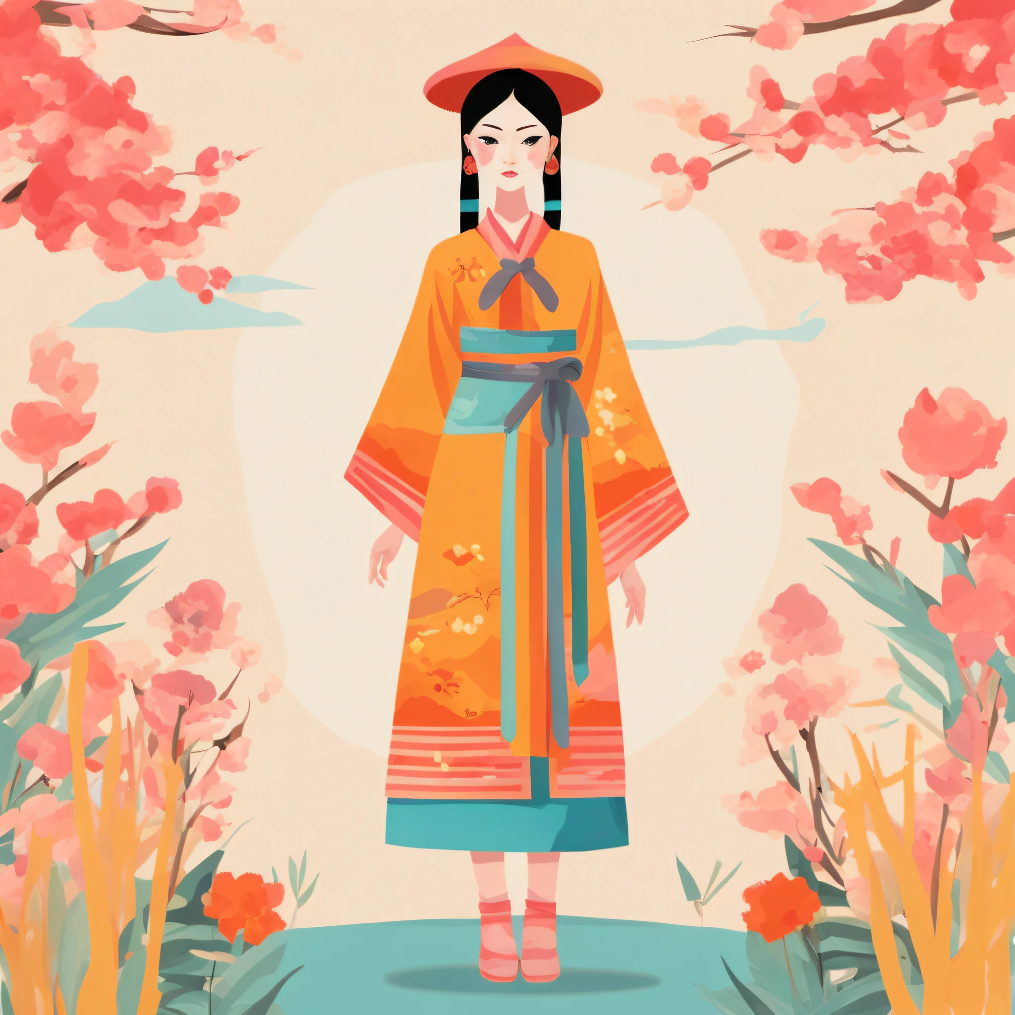 A woman dressed in traditional Chinese dress stands in a flower field, palace ， A girl in Hanfu, Wearing ancient Chinese clothes, Princesa chinesa antiga, ancient asian dynasty princess, China Princess, Chinese costume, Traditional Chinese clothing, inspired by Jin Nong, chinese empress, Hanfu, Chinese woman, Chinese girl, ancient china art style, Chinese dress，Flat illustration，minimalism