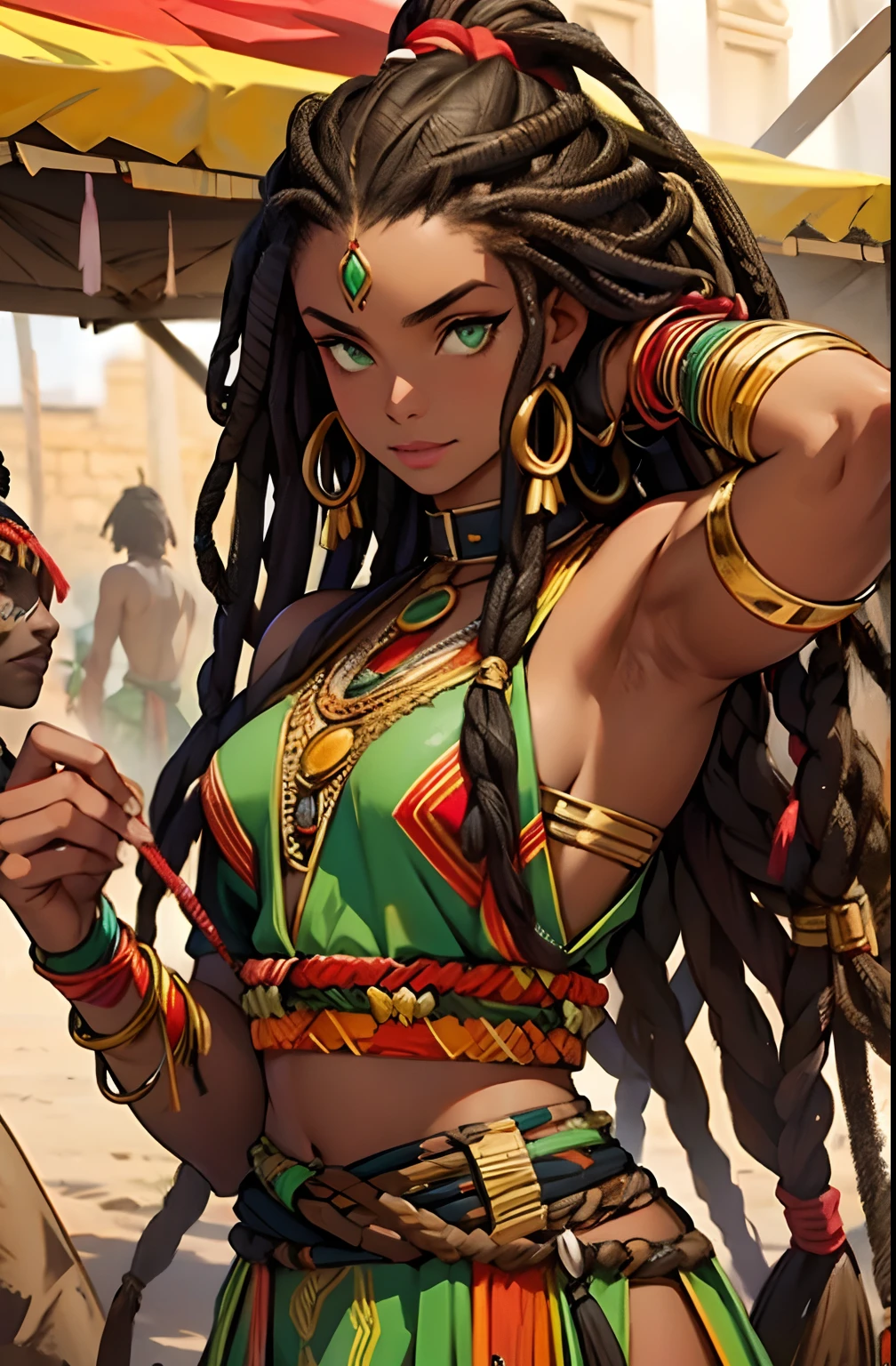 African Woman. African Hair. Dread Hair. Green Eyes. Tribal Acessories. Tribal Fighting Clothes. Golden Details