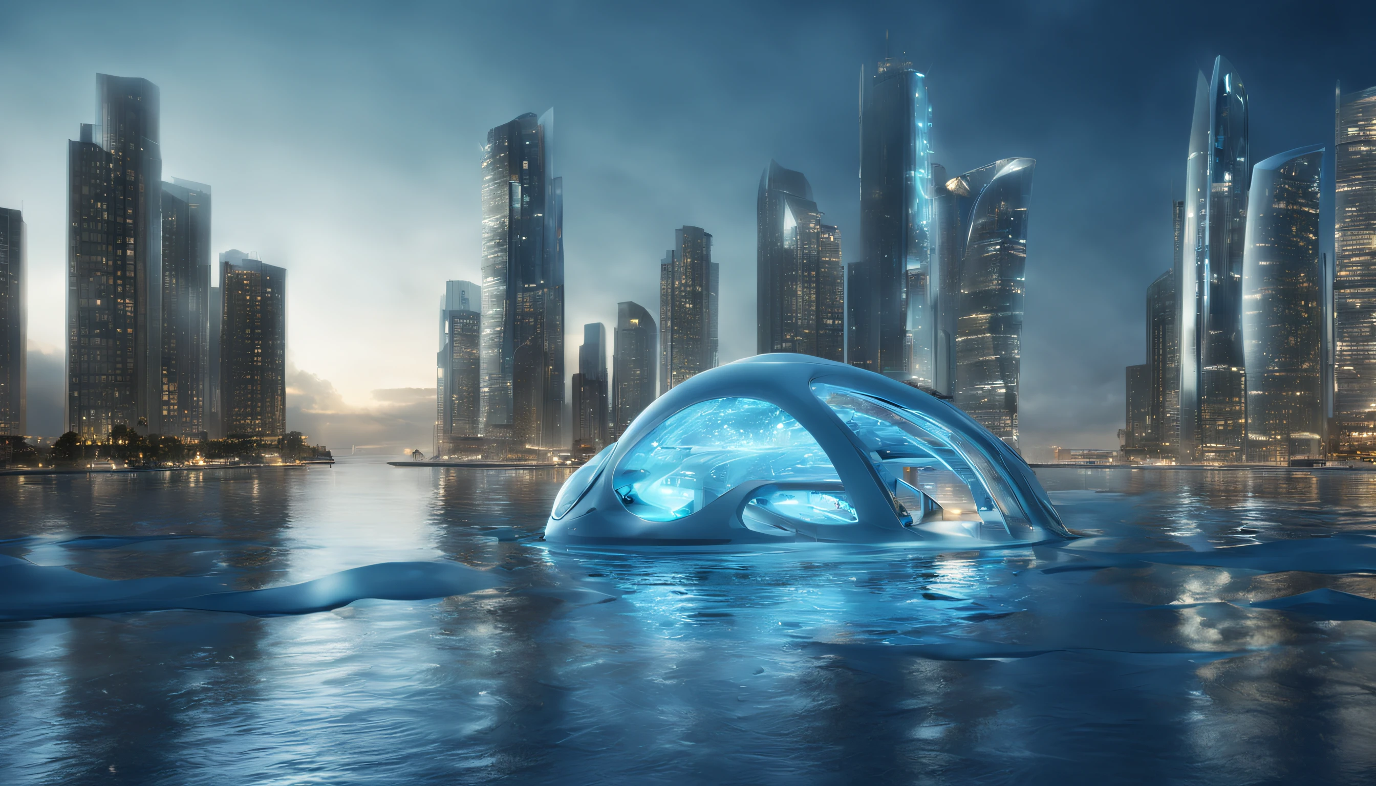 Create a water metropolis with futuristic structures built on the ocean's surface. Buildings should incorporate bioluminescent materials to illuminate the city scape Photo realistic. hyper realistic photography, HDR, UHD 32k. --AR 16:9. seed 777