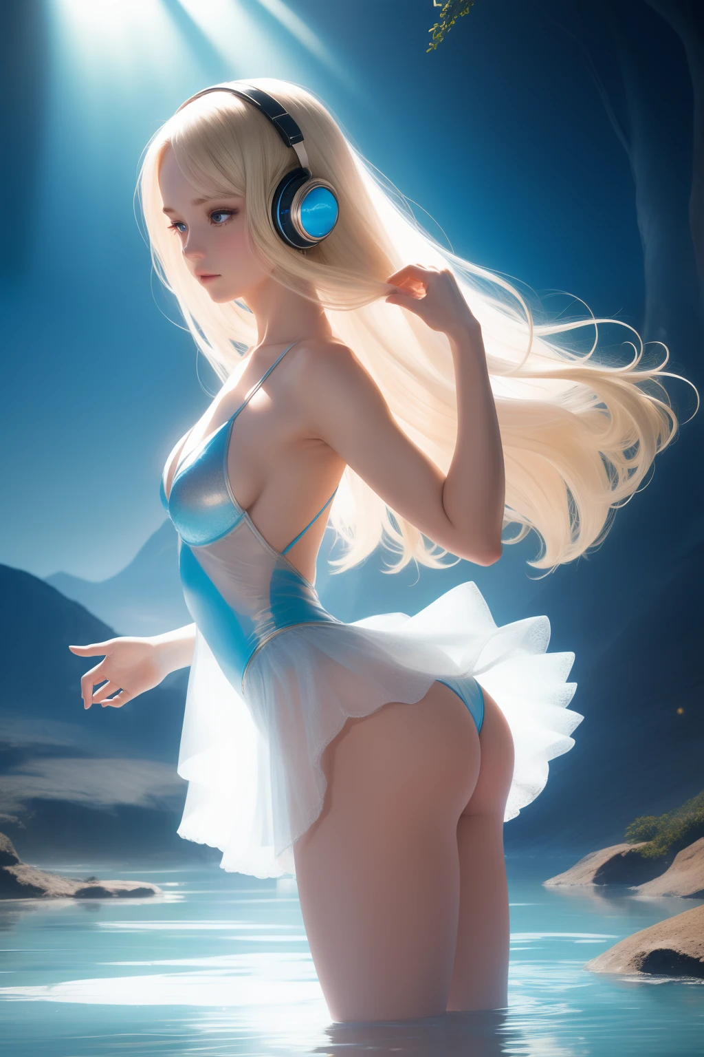 Above a lake is a beautiful ballerina dancer with long blonde hair touchinfmg the waters surface, her skin soft, realistic, her eyes bron her wild sky blue bangs parted,to a side,her hears cover in crystal blue head phones, her blue leather leotard is covered in glittetr aand attached his a skirt with,pink lace trimming,(( her head in motion as she leans back )) her waist at angle, arms thrown back gracefully,