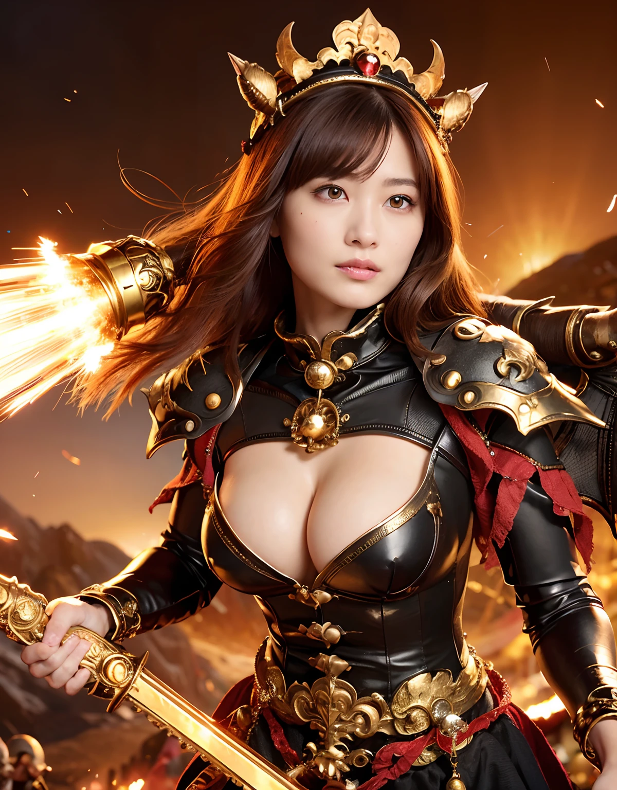 Professional , masterpiece、top-quality、photos realistic , depth of fields (Gemstone Gold Metal Body:1.9),(Matte White、Toostock、(cleavage of the breast)、(Detailed Dragon Armor)、(Have the strongest weapon)、((Random Hairstyles 1.6),Dark Fantasy,)explosions、intense fighting、(Precipitous cliffs),Dragon Gold Weapon,Mystical expression、Particles of light、Fight dragons、(Detailed Dragon Helmet),Gorgeous Silver Weapons ,(( Dragon's dense and gorgeous sword)) , Beautiful knife ,warhammer 40k ,Detail and gorgeous crown、((Red hair))、(Castle background)、、((Gangle's forest background))、Beautiful Caucasian beauty、1a person、dynamic ungle,(((Detailed and ornate Black Devil Crown)))、Smaller head、A smile、Castle background、Thin and beautiful female hands、cleavage of the breast、Soldier in iron armor on background、Mystical expression、Light Effects、intense fighting、Wind-effect、magic circles、With the legendary magic wand、(demonic wings)、