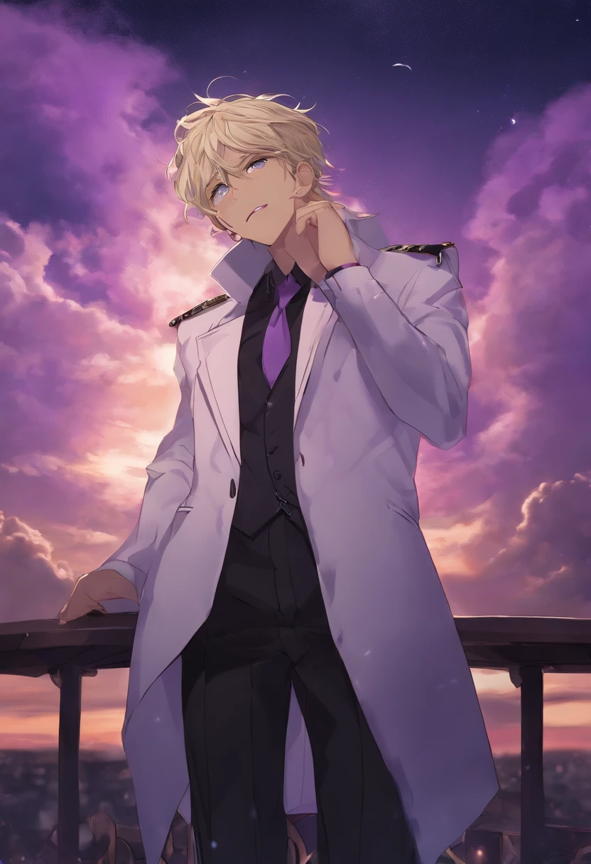 Adult Man Blonde, Purple Sky, ighly detailed, Purple clouds, Black hair, Purple Sky, purpleish color, Jackets and formal wear, stele, stars on sky,Yawning face,Clear purple eyes,Anime style,