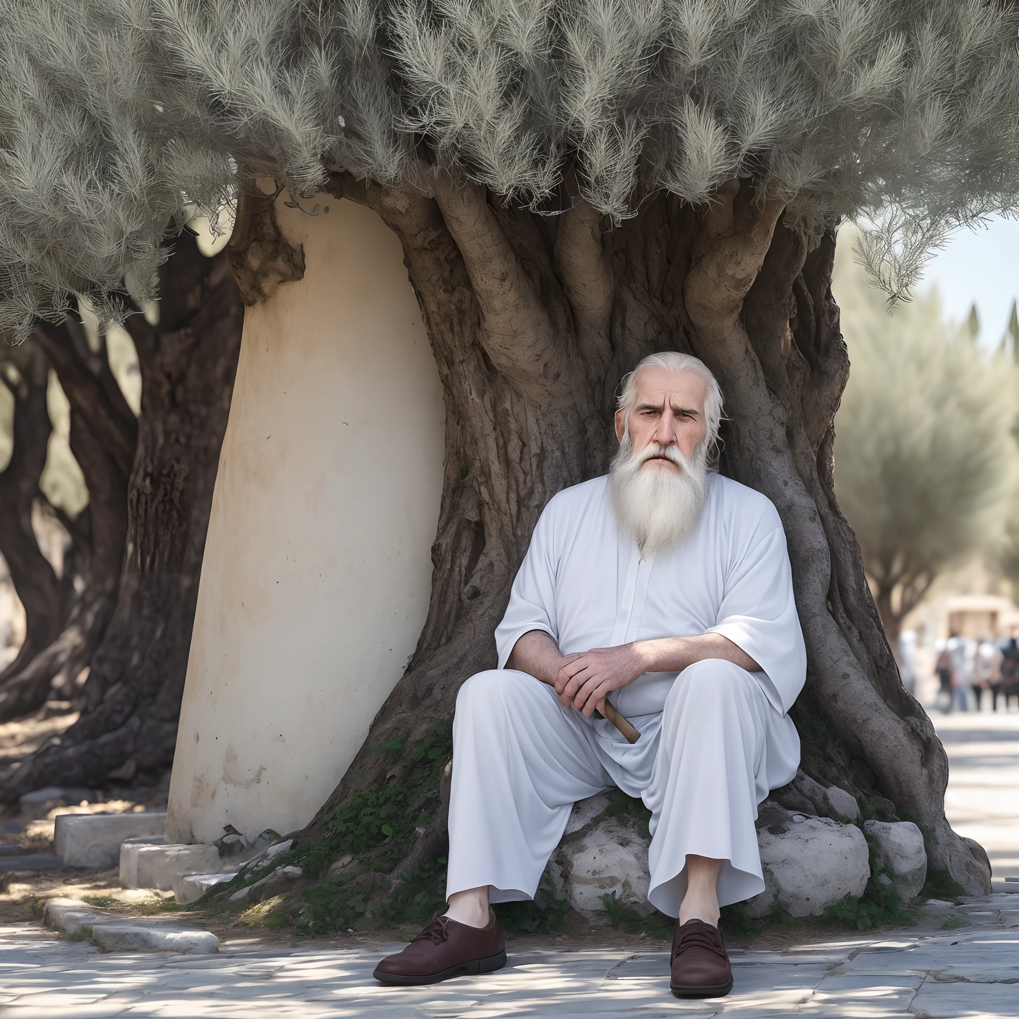 Prompt:
In ancient Greece, amidst the bustling streets of Athens, there was an old philosopher known for his profound wisdom and contemplative nature. His long, flowing white beard and furrowed brow were a testament to the years he had spent delving into the mysteries of the universe. With a walking stick in hand and a toga draped over his stooped shoulders, he would often be found sitting under the shade of an olive tree, lost in deep thought. In this image, capture the essence of this old Greek philosopher, as he contemplates the complexities of life and imparts his timeless wisdom to those who seek it.