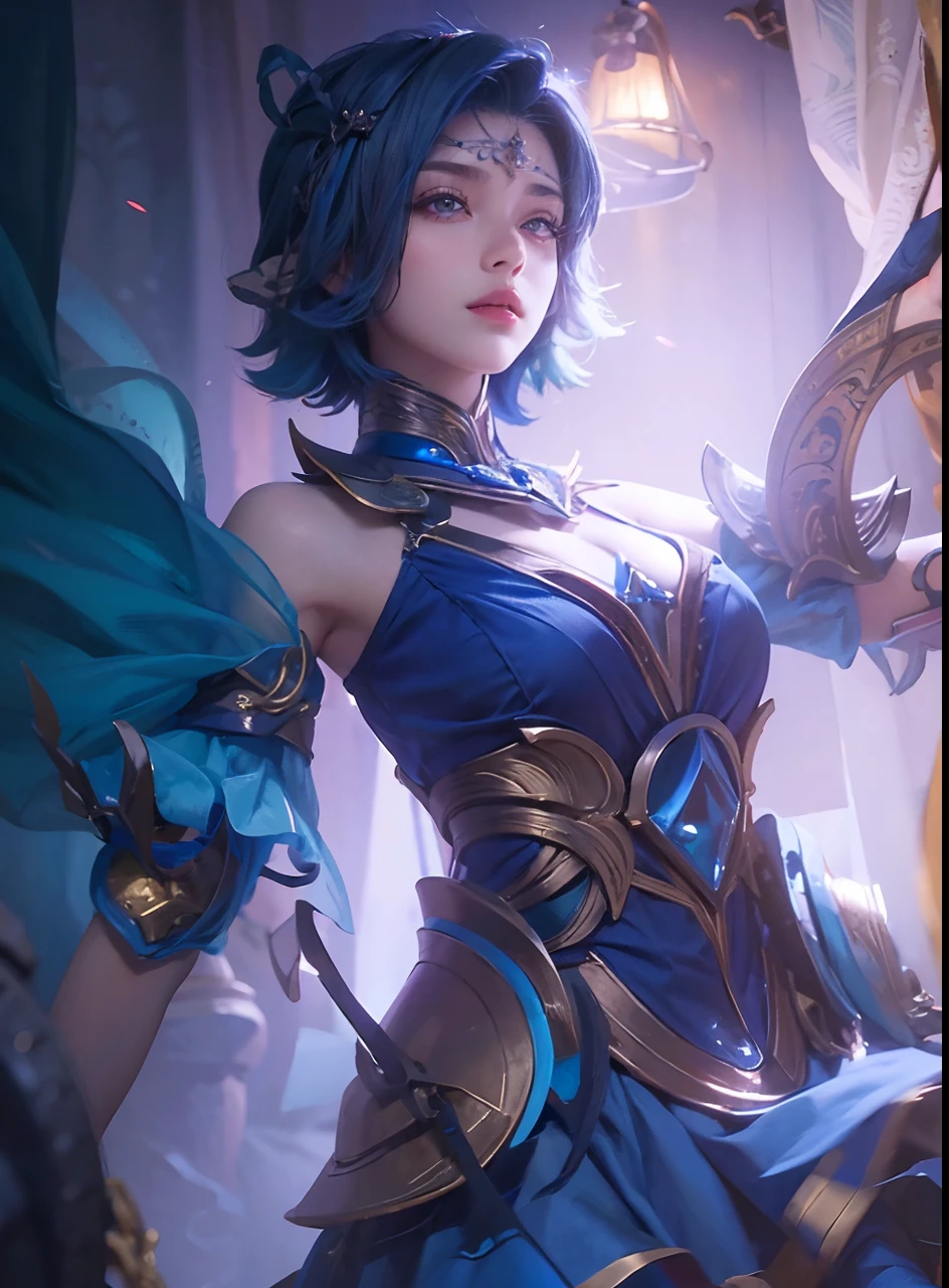 ((masterpiece)), ((best quality)), ((HD 4k)),girl, blue hair, short hair, inticrate detail, sllicked side hair
