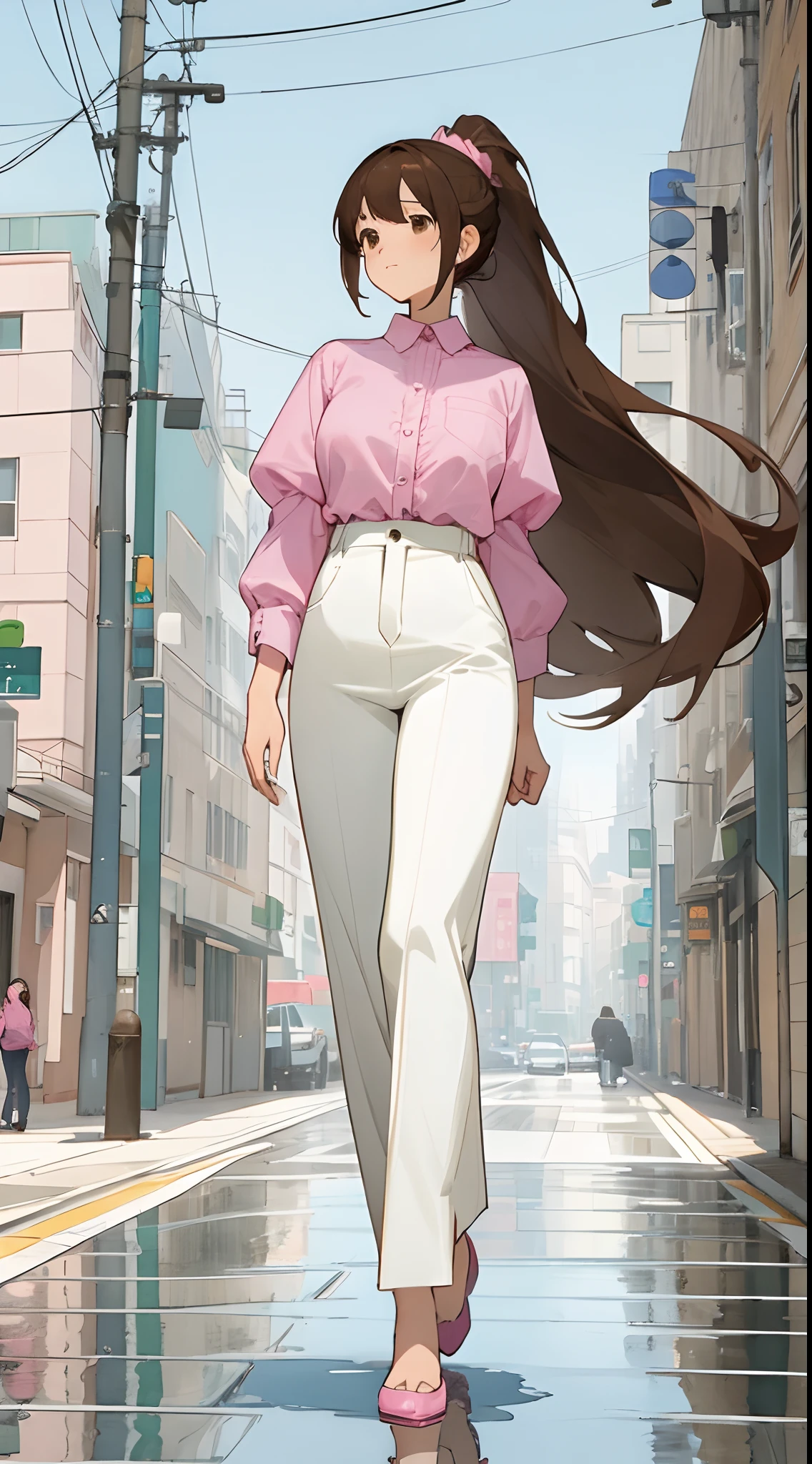 (masterpiece, best quality) detailed, 1Character , blue archive art style , pastel washed out colors , cell shade , soft, muted shades ,gentle colors ,
Sunny day , in a big city , walking past reflection, wearing a pink shirt, puffy sleeves, white pants , tucked in
A beautiful mature woman , dark brown hair , extremely long hair , hair in a ponytail , brown eyes , age 41