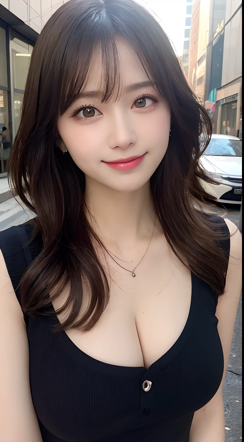 masutepiece, Best Quality, Illustration, Ultra-detailed, finely detail, hight resolution, 8K Wallpaper, Perfect dynamic composition, Beautiful detailed eyes, (doress),Medium Hair, Big breasts, Natural Color Lip, Random and sexy poses, Smile, piercings, a necklace, Aoyama Street Walk, 20 years girl, depth of fields