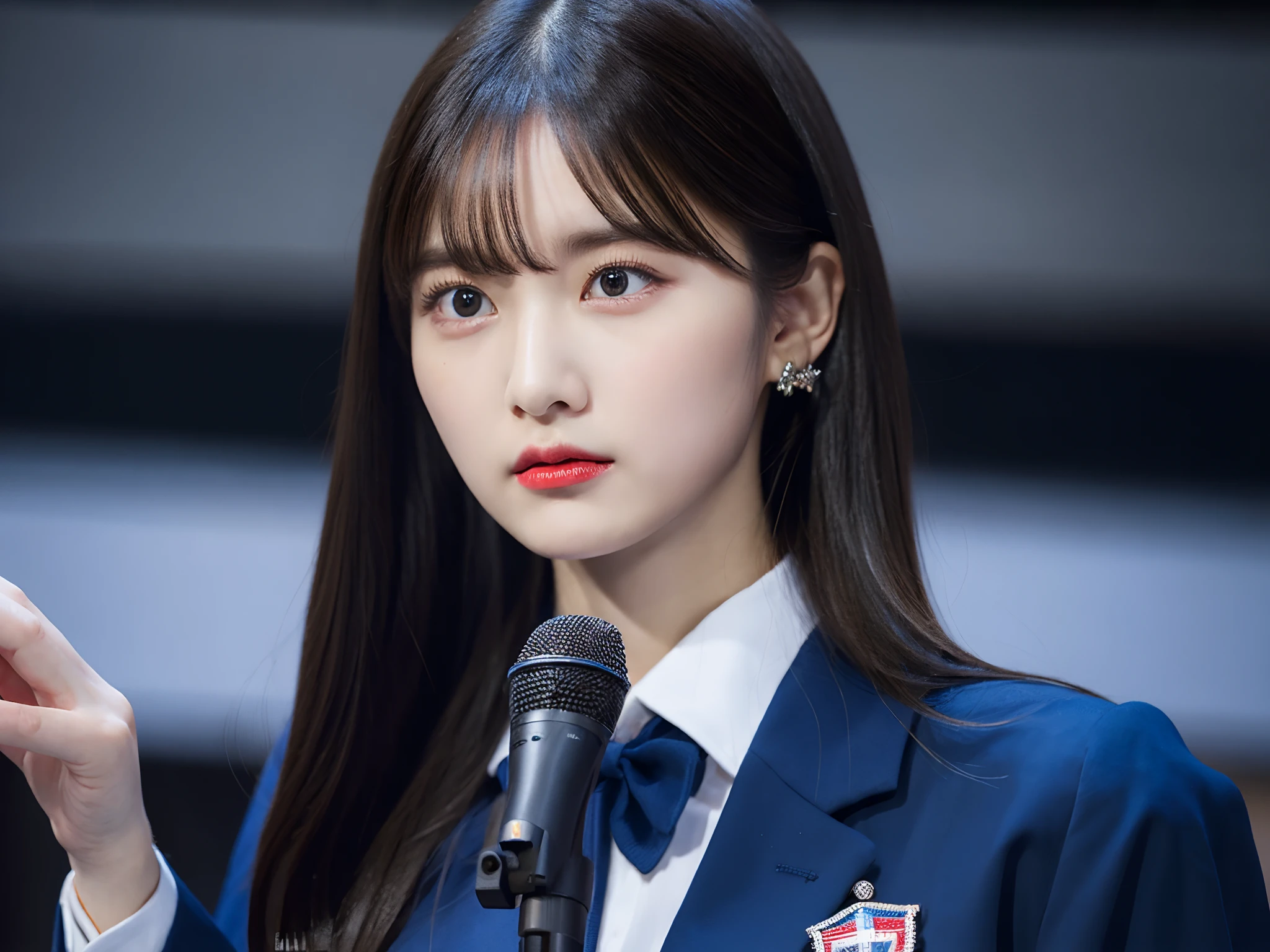 1 girl, breasts, solo, large breasts, black hair, medium hair, hair ornament, hair clip, bangs, serious face, cute face, detailed eyes, detailed nose, detailed mouth, serious face, school uniform, blue jacket, blue blazer, collared shirt, upper body, school auditorium, standing on platform, speaking with conviction and vision, looking at viewer, holding microphone in her left hand, action shot, depth of field, cinematic lighting, sharp focus, best quality, detailed background, ultra realistic, highest quality resolution, 16K uhd, hyper detailed face, masterpiece, best quality