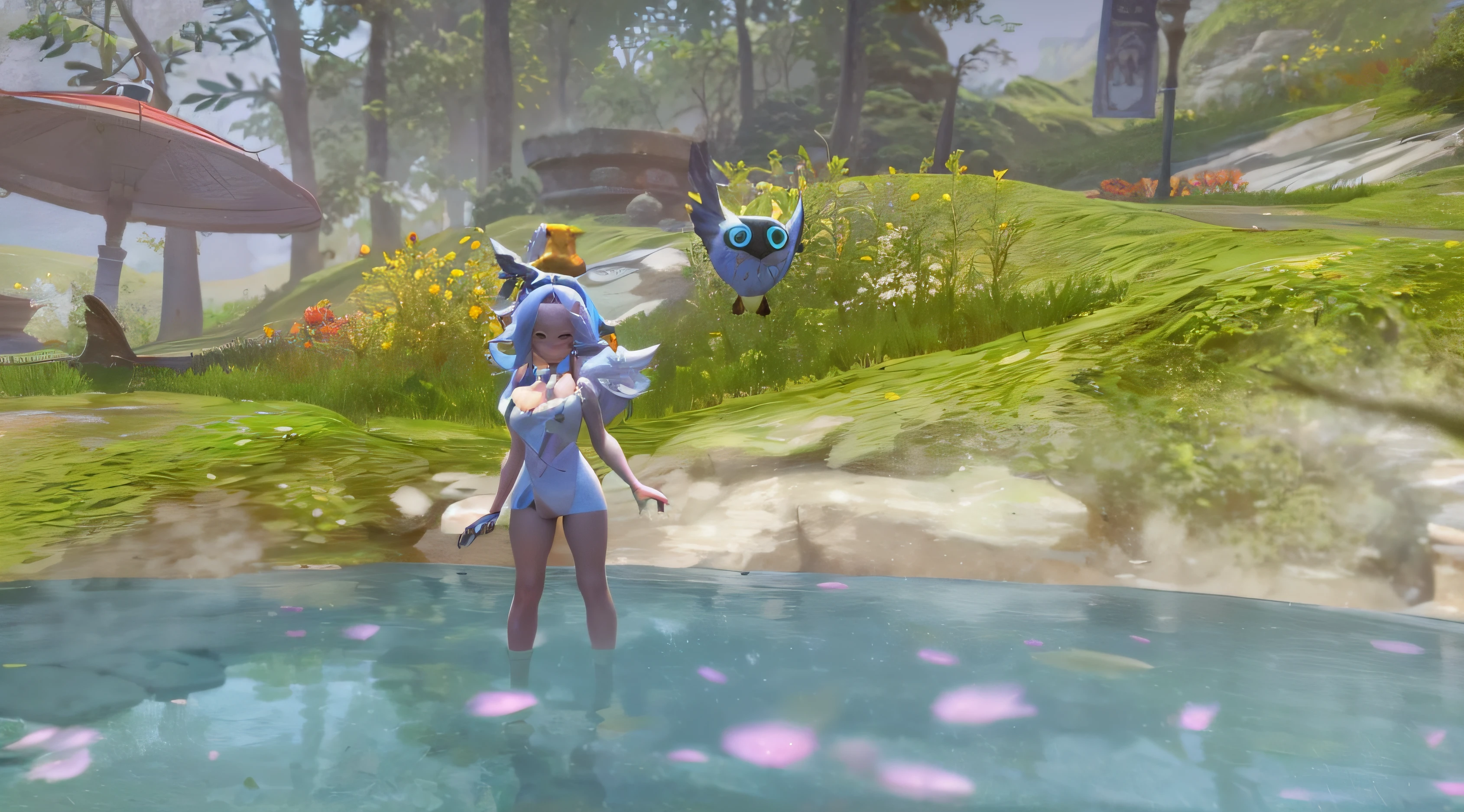 there is a woman standing in a pond with a bird on her shoulder, <mmorpgs scene, mmorpg, mmorpg gameplay, standing in a pond, a friendly wisp, mmorpg fantasy, mmo, exotic fey features, fantasy mmo, nymph in the water, ingame image, blade and soul, water fairy, asian female water elemental, in a pond. face women