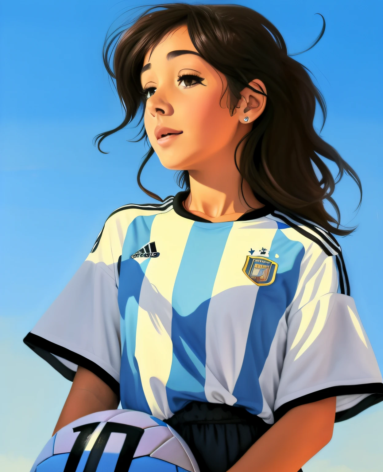 A woman with a soccer ball in her hand, Fan Art oficial, Pintura realista de chica linda, Hermoso estilo de dibujo, amazing wallpaper, Valentina revolver, Fanart oficial, Wear an Argentine football uniform, Fanart de alta calidad, fanart detallado, en un estilo anime, protagonista femenina ๐ :8, Diosas, ๐๐๐โบ๐๐๐, Arte de pintura de dibujos animados digitales