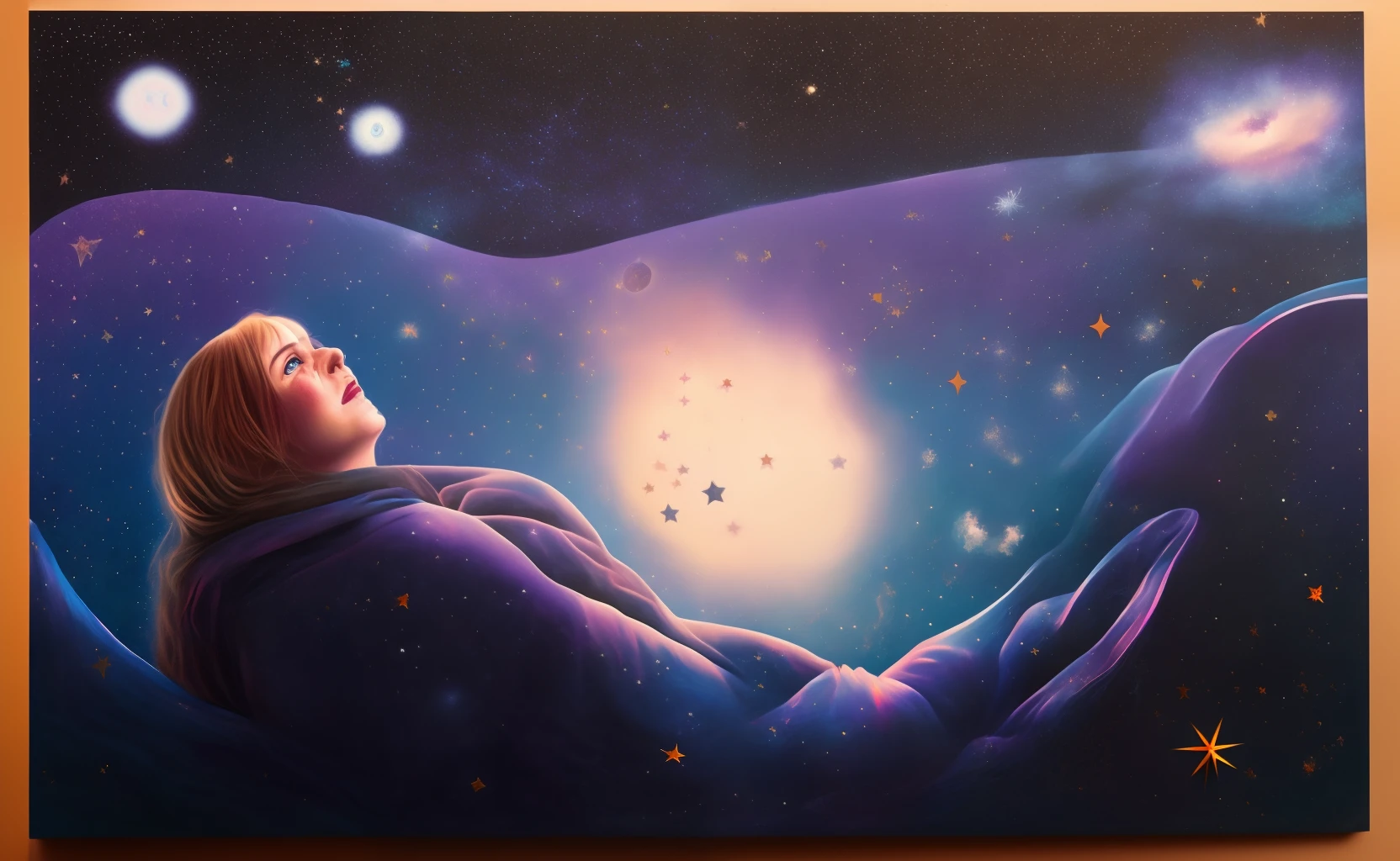 Painting of a naked man sitting on a window sill looking up at the night sky, Olhando para o cosmos, staring into space, magic realism painting, inspirado em Adam Elsheimer, surreal oil on canvas, Painting of a dreamlike landscape, terra na janela, ao lado de uma janela, sitting on the cosmic cloudscape, Dreamy painting of the coronavirus
