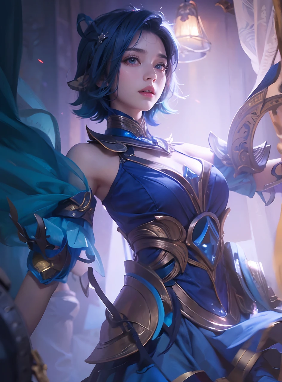 ((masterpiece)), ((best quality)), ((HD 4k)),girl, blue hair, short hair, inticrate detail, sllicked side hair
