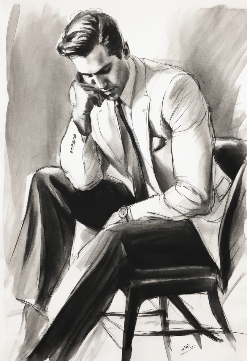Rough charcoal sketch on old paper, muscular Male in suit figure, suit, sitting in the dark, dynamic pose,clean line art,+expressive line,in the style of expressive sketch drawing, hatching, black and white sketch, hand drawing, Rough charcoal sketch on old paper, muscular Male in suit figure,dynamic pose,clean line art,+expressive line,in the style of expressive sketch drawing, hatching, black and white sketch, hand drawing, sketching, linear style::Sketchnote Stylesketching, linear style::Sketchnote Style