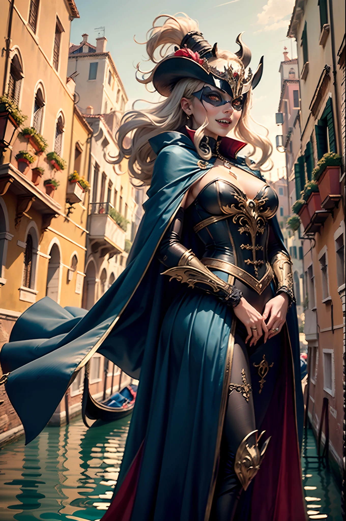 (best quality, masterpiece, hyperdetailed, colorful), mid shot of an intriguing and historically rich (vampire), (looking at the viewer), (wearing the iconic colorful Venetian Carnival mask) (fangs:1.3), (standing on Venice Carnival gondola), elegantly dressed in a blue cape that billows in the breeze, a distinctive tricorn hat, timeless allure of (Venetian masquerade), mystical, clear water