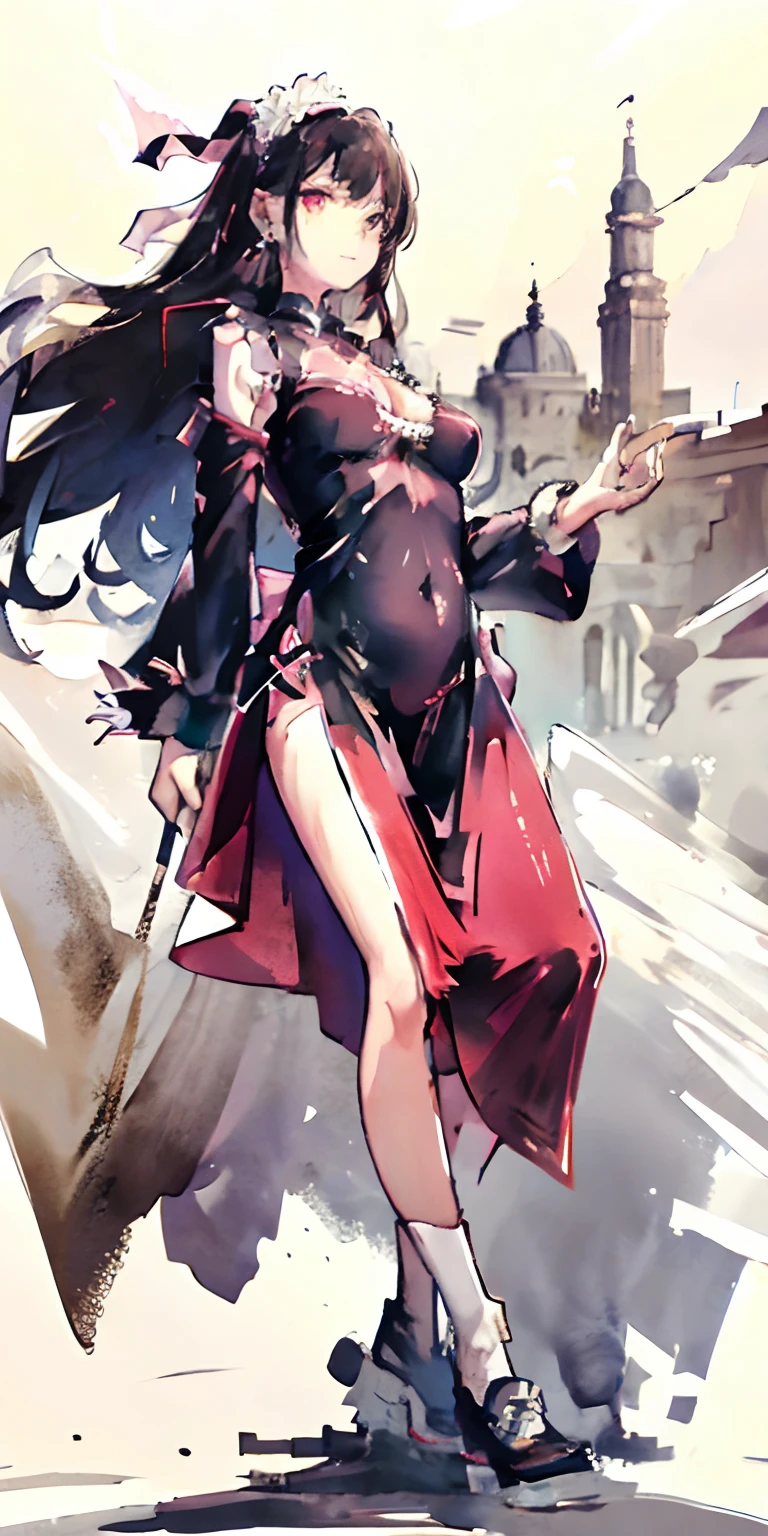 masutepiece:1.3, Concept art, Illustration, a matural female, 29yo, Perfect face, Sad tooth smile, Sad face, Detailed eyes, Detailed face, Huge breasts, Beautiful skin, ((Red Eyes)), Expressive eyes, brunette, Hair ribbons, earrings, maid dress, Silk dress, Dramatic face, Rim lighting, Dutch Angle, pixiv, water background, (((FULL BODYSHOT)))