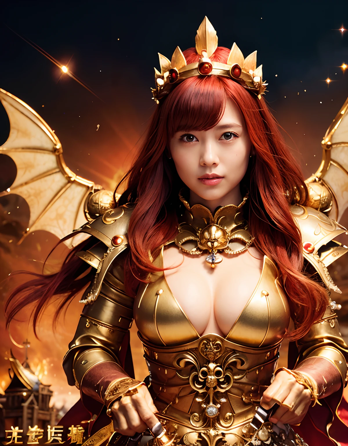 Professional , masterpiece、top-quality、photos realistic , depth of fields (Gemstone Gold Metal Body:1.9),(Matte White、Toostock、(cleavage of the breast)、(Detailed Dragon Armor)、(Have the strongest weapon)、((Random Hairstyles 1.6),Dark Fantasy,)explosions、intense fighting、(Precipitous cliffs),Dragon Gold Weapon,Mystical expression、Particles of light、Fight dragons、(Detailed Dragon Helmet),Gorgeous Silver Weapons ,(( Dragon's dense and gorgeous sword)) , Beautiful knife ,warhammer 40k ,Detail and gorgeous crown、((Red hair))、(Castle background)、、((Gangle's forest background))、Beautiful Caucasian beauty、1a person、dynamic ungle,(((Detailed and ornate Black Devil Crown)))、Smaller head、A smile、Castle background、Thin and beautiful female hands、cleavage of the breast、Soldier in iron armor on background、Mystical expression、Light Effects、intense fighting、Wind-effect、magic circles、With the legendary magic wand、(demonic wings)、
