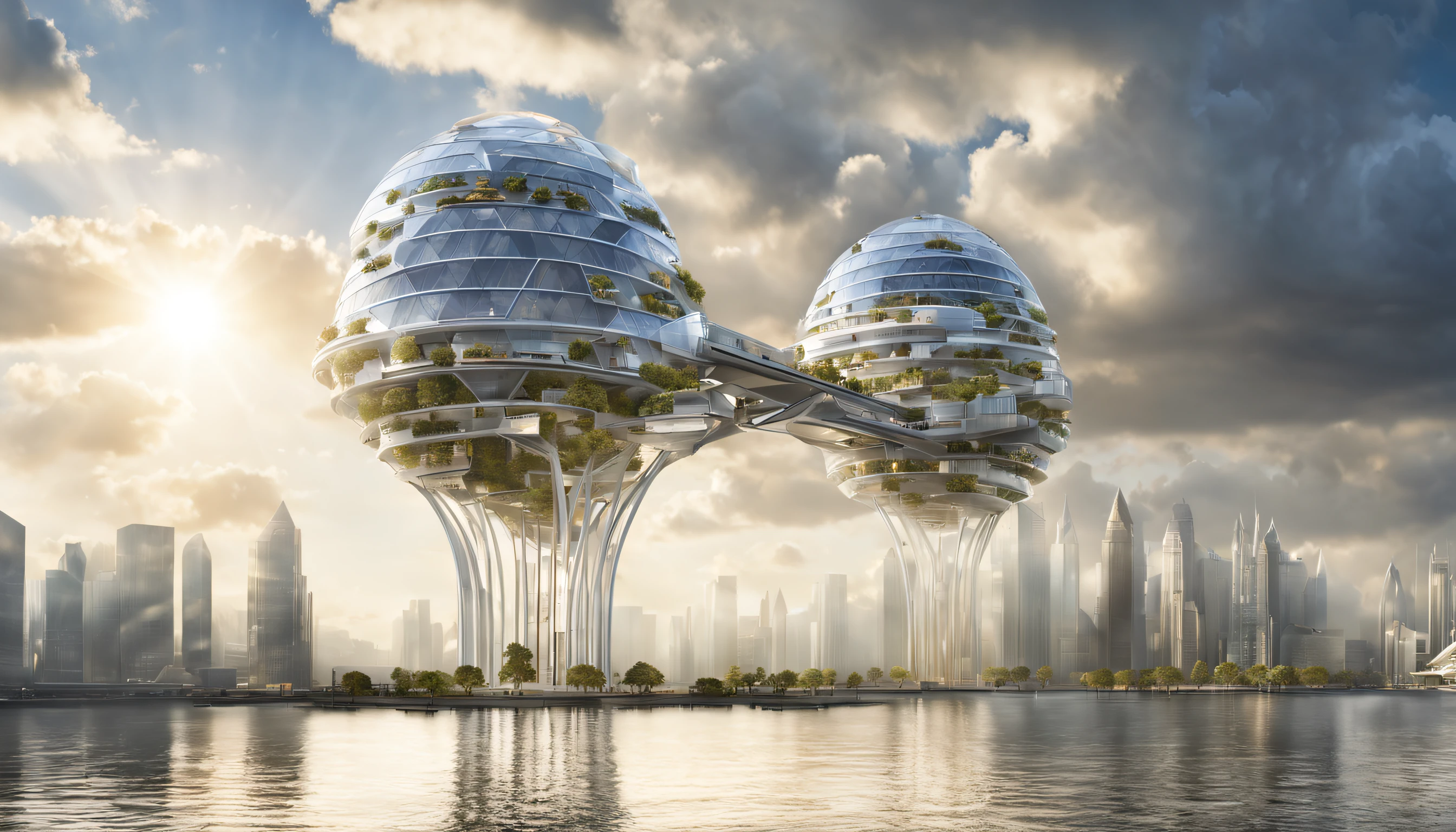 Envision a city with in a massive floating arcology that hovers among the clouds. The structure should host residential, commercial and agricultural zones, with gravity-manipulating technology.  Photo realistic. hyper realistic photography, HDR, UHD 32k. --AR 16:9. seed 777